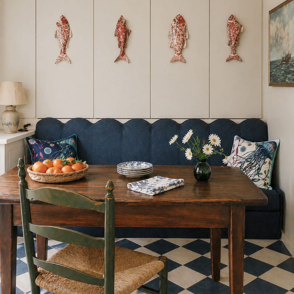 Dining room with wooden table, chairs, and decorative elements on a checkered floor.