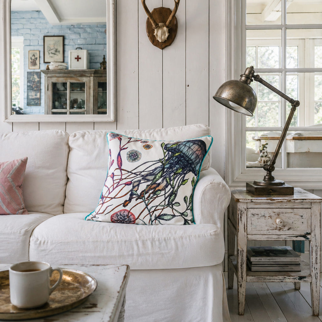 Cozy living room with white sofa, decorative pillow, and vintage lamp.