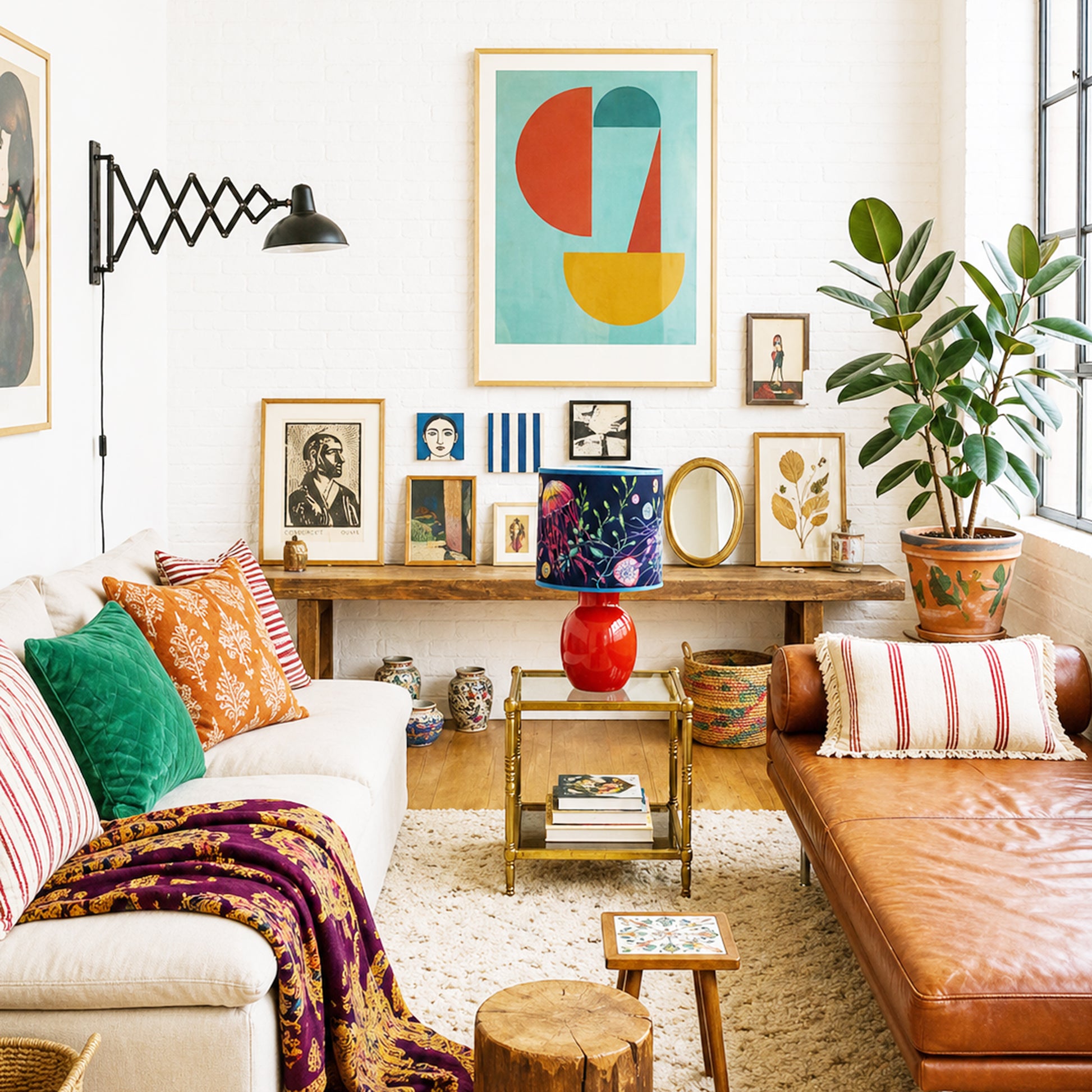 Living room with a white sofa, brown leather chair, and decorative items.
