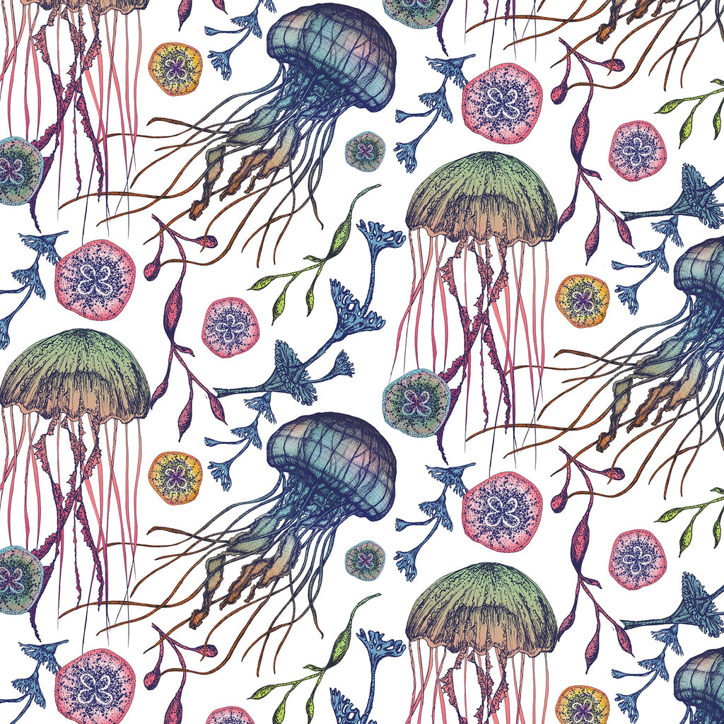 A seamless repeat pattern of Cream Cornwall’s Canyons Reef fabric in off-white, featuring beautifully detailed illustrations of jellyfish, seaweed, and ocean flora in vibrant hues of green, pink, blue, and coral. The marine-inspired design is intricately drawn with a whimsical, hand-illustrated style that captures the magic of underwater life.
