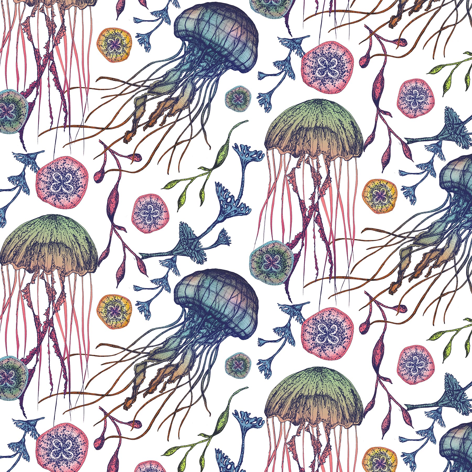 A seamless repeat pattern of Cream Cornwall’s Canyons Reef fabric in off-white, featuring beautifully detailed illustrations of jellyfish, seaweed, and ocean flora in vibrant hues of green, pink, blue, and coral. The marine-inspired design is intricately drawn with a whimsical, hand-illustrated style that captures the magic of underwater life.