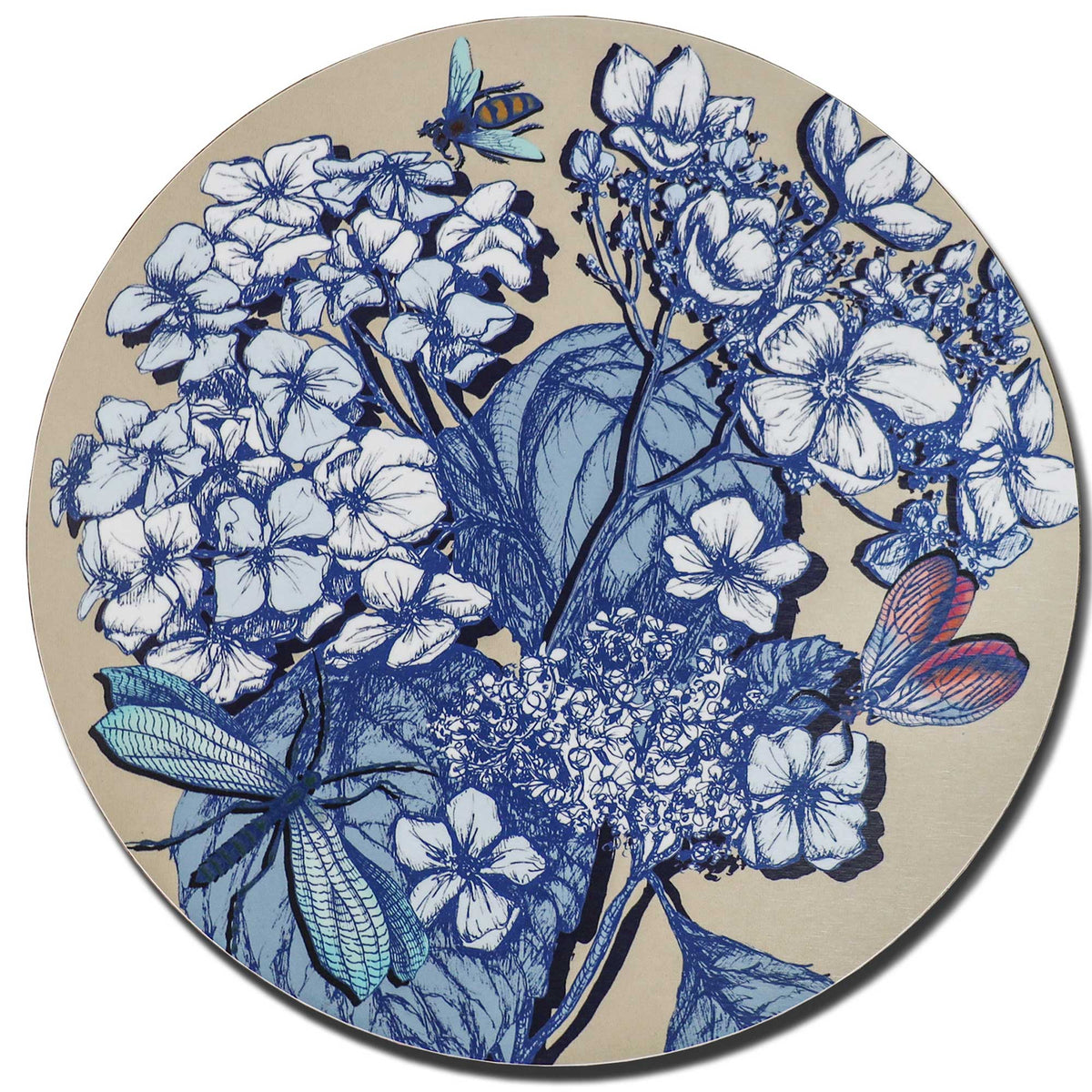 Round Cream Cornwall placemat featuring intricate blue and white botanical illustrations of delicate flowers, blossoms and leaves on a soft cream background. The design includes a turquoise dragonfly, a blue and yellow bee, and a butterfly with coral and blue wings, creating an elegant, nature-inspired pattern. Photographed against a clean white background.