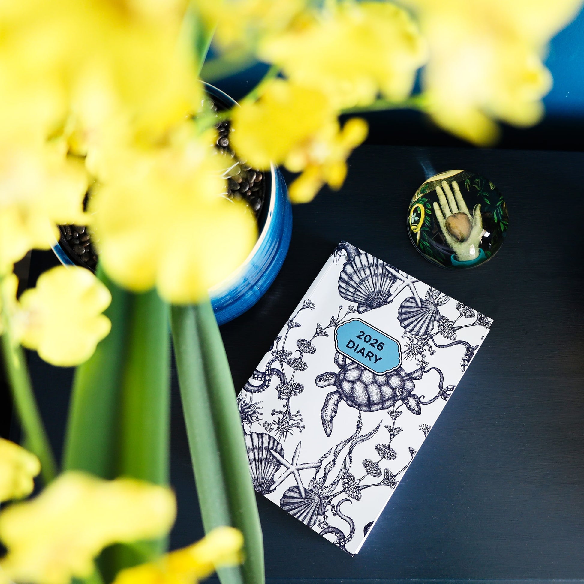 Cream Cornwall 2026 diary with nautical turtle and seashell design styled on desk with yellow flowers.