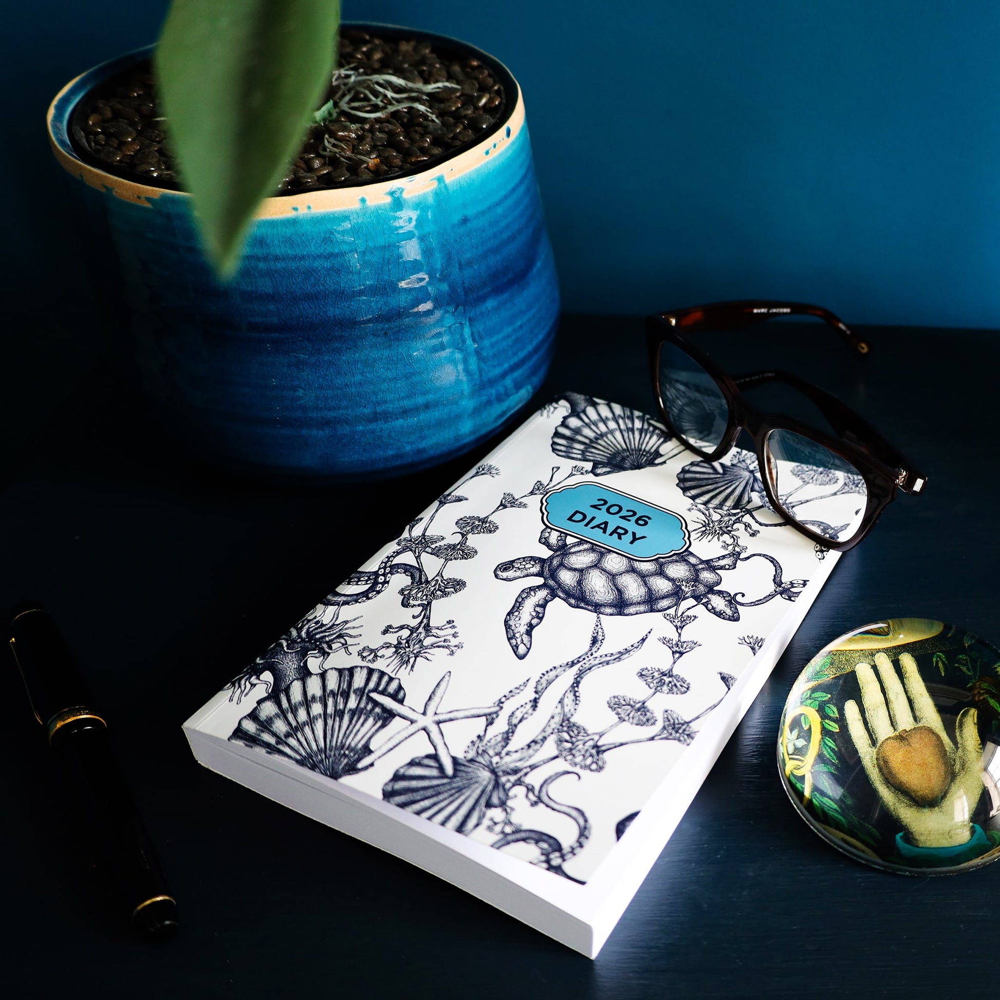 Cream Cornwall 2026 diary with nautical turtle design styled on desk with plant and glasses.