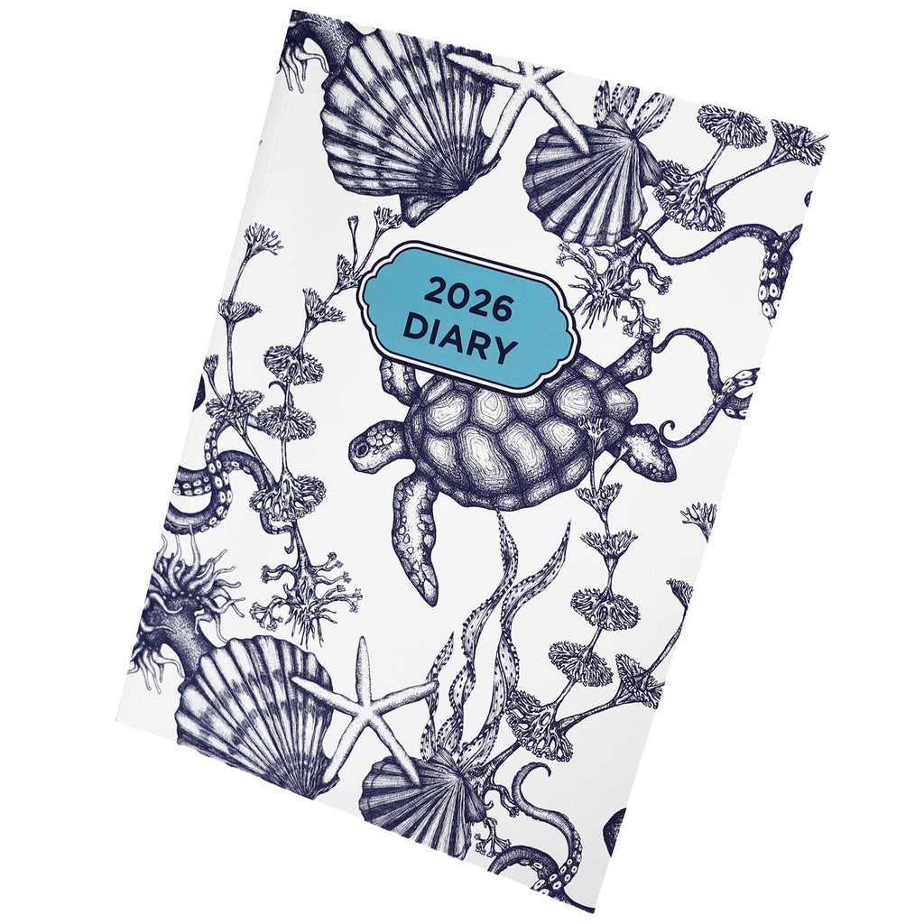 Cream Cornwall 2026 diary with a blue and white nautical illustration featuring a turtle, octopus, seashells, starfish, and sea plants on the cover.