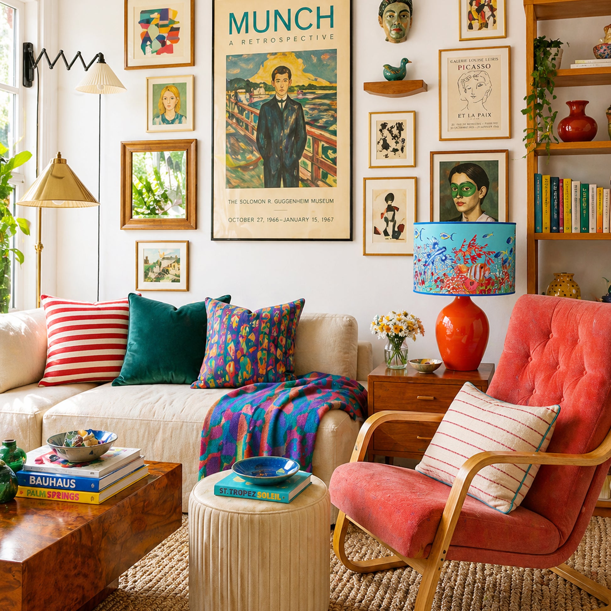 Living room with colorful decor, including a red armchair, sofa with patterned cushions, and wall art.