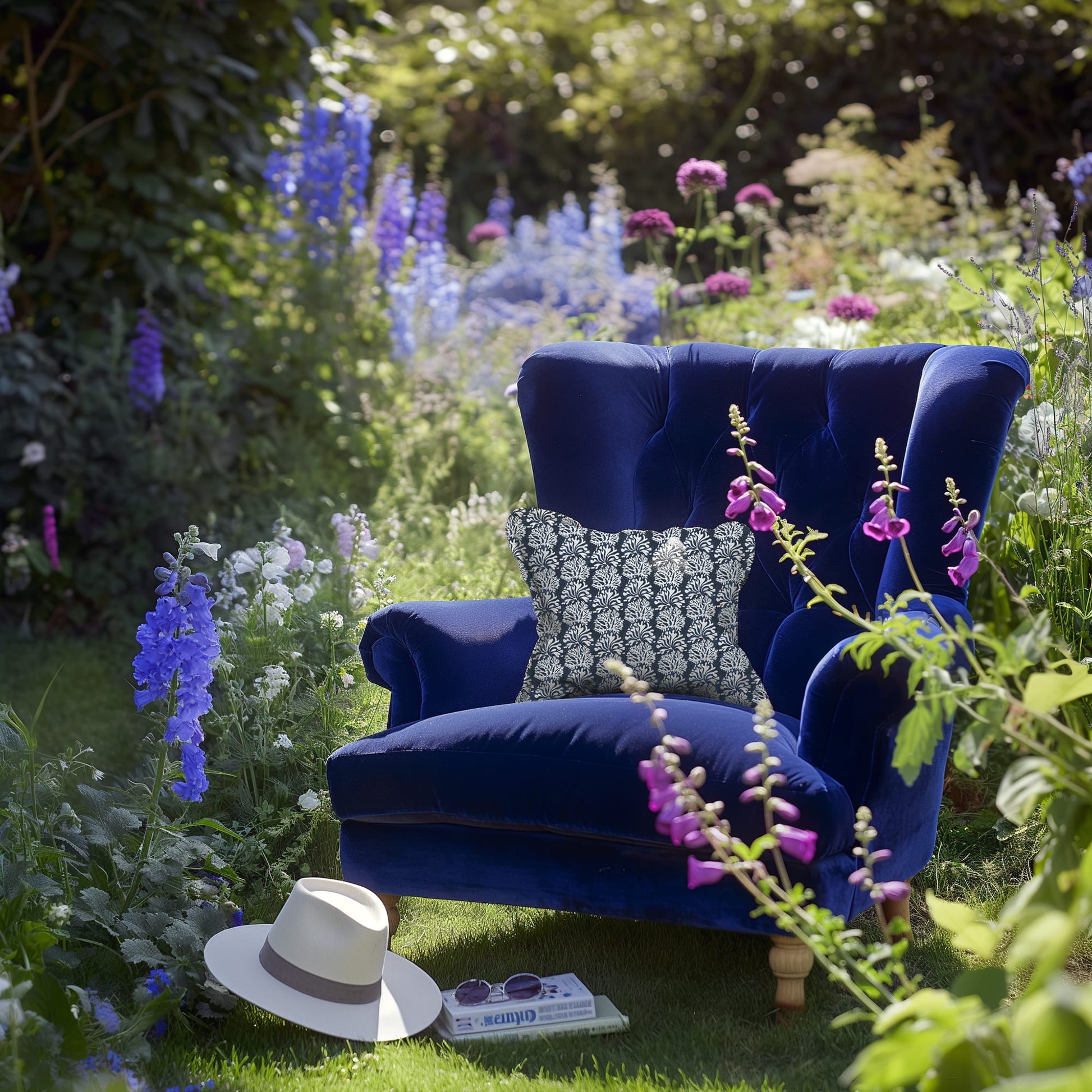 A deep blue velvet armchair sits in the middle of a vibrant garden, surrounded by blooming purple, pink, and blue flowers. The chair is styled with a navy cushion featuring a white coral-like pattern. On the grass nearby rests a white sunhat, a book, and a pair of sunglasses, evoking a peaceful, summery reading nook.