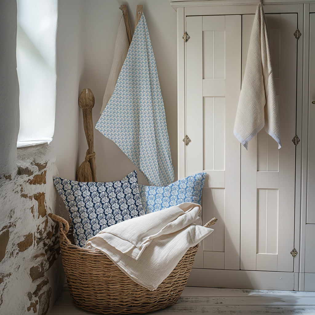 A cozy coastal-inspired corner featuring a wicker basket filled with off-white linens and two decorative pillows in navy and sky blue patterns of intricate coral designs. Behind the basket, two fabrics hang on wooden hooks, one with a small light blue and white print. The setting includes a cream paneled wardrobe, soft natural light from a nearby window, and a rustic stone and plaster wall, evoking a serene and beachy ambiance.