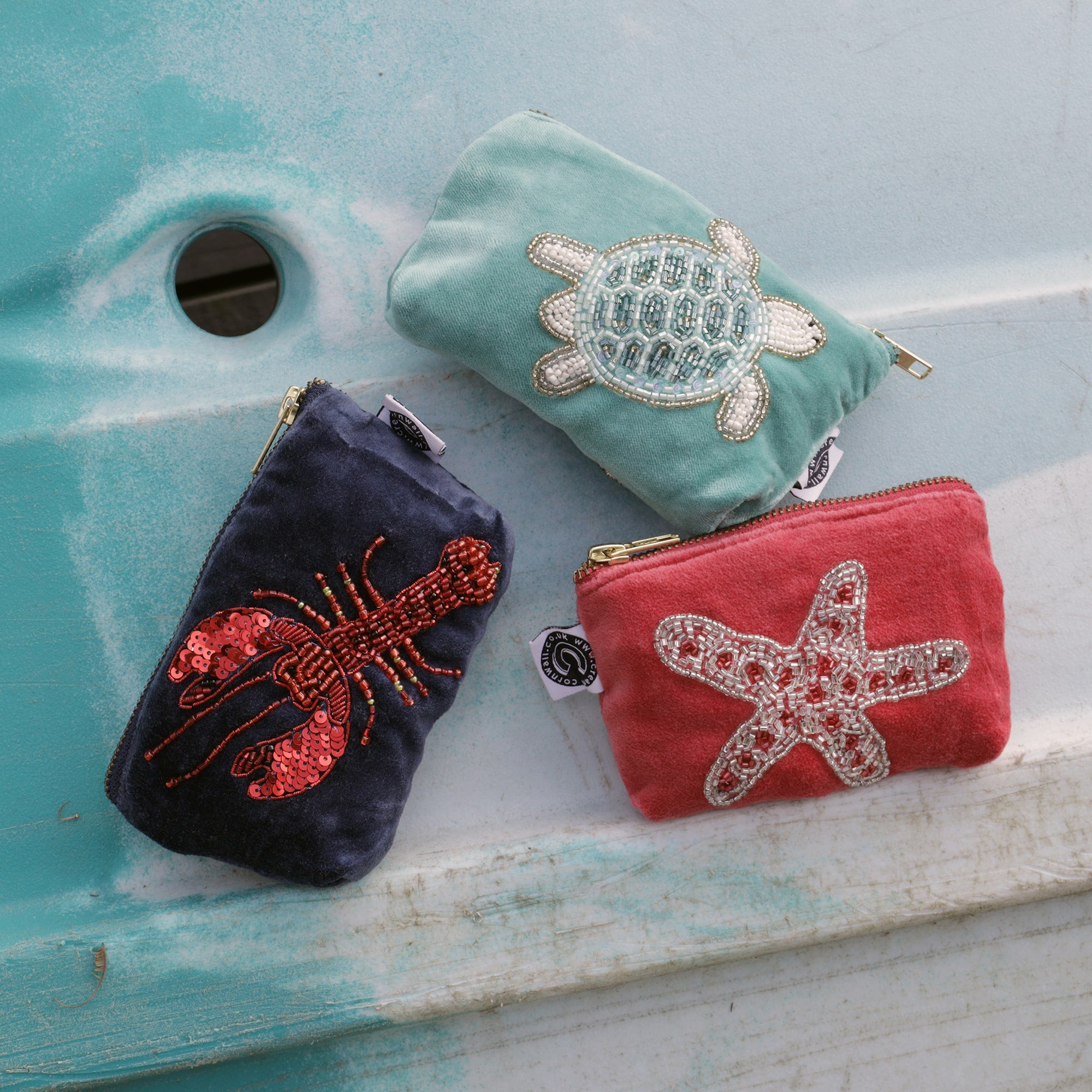 Luxury Coastal Velvet Beaded Lobster Coin Purse | Cream Cornwall