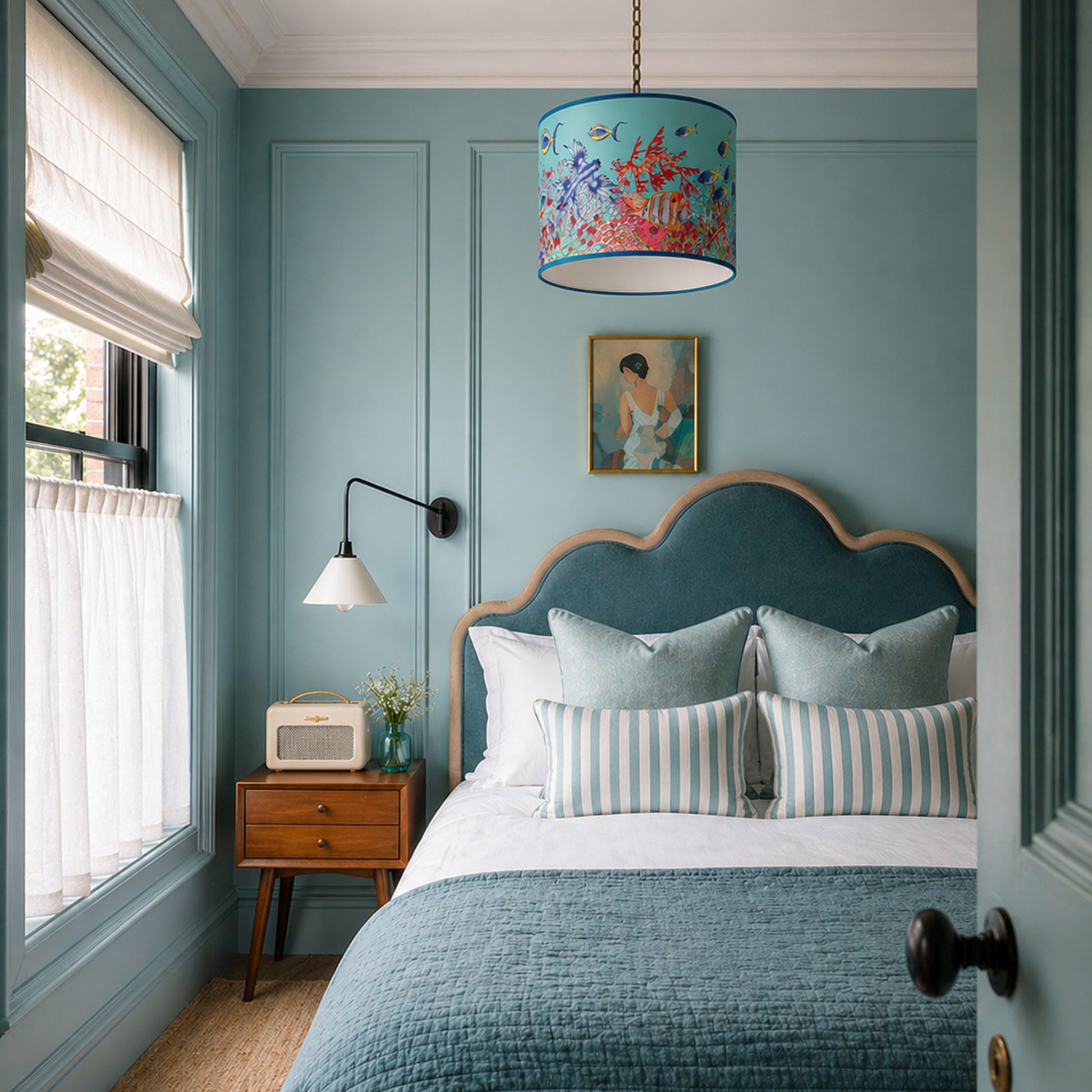Cozy bedroom with teal walls, bed, and colorful lampshade.