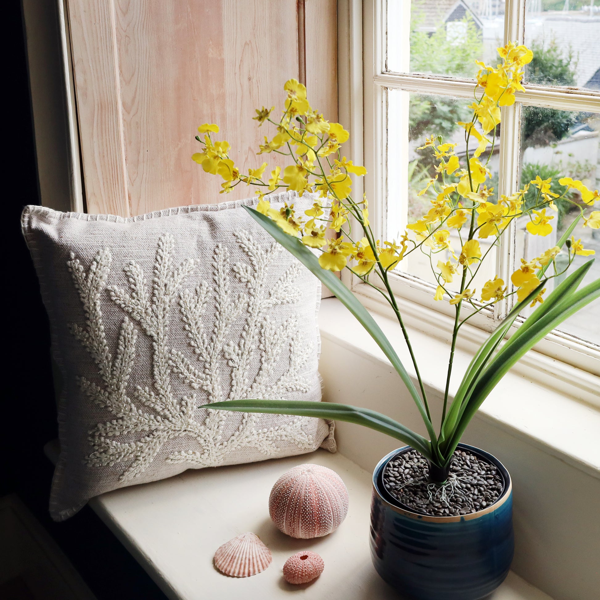 Yellow potted plant on a windowsill with a textured pillow and seashells.