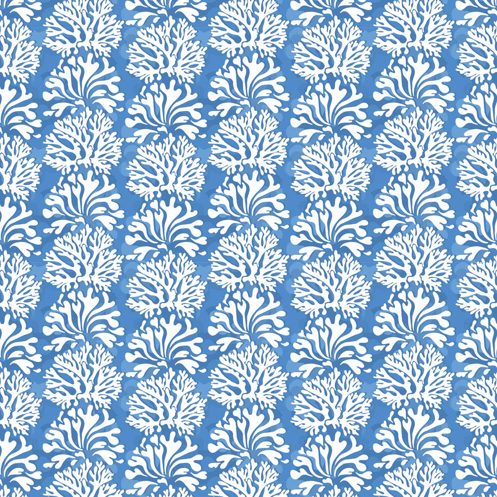 A repeating pattern of white coral motifs on a cerulean blue background. The design alternates between two coral shapes arranged in a diamond formation, creating a bold and vibrant coastal-inspired print.