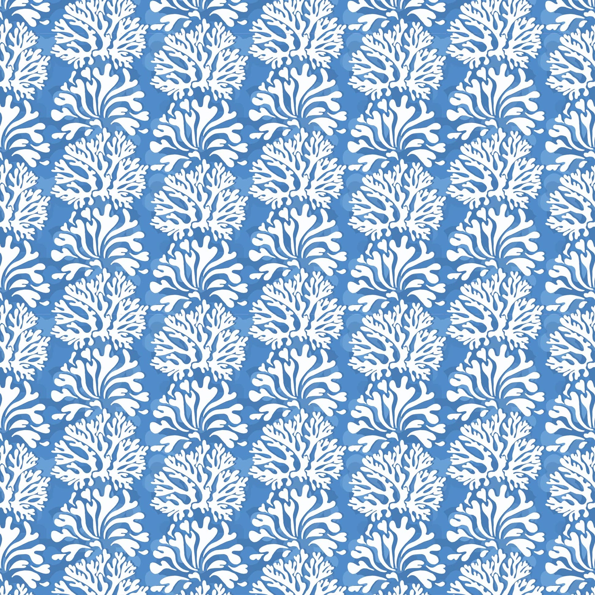A repeating pattern of white coral motifs on a cerulean blue background. The design alternates between two coral shapes arranged in a diamond formation, creating a bold and vibrant coastal-inspired print.