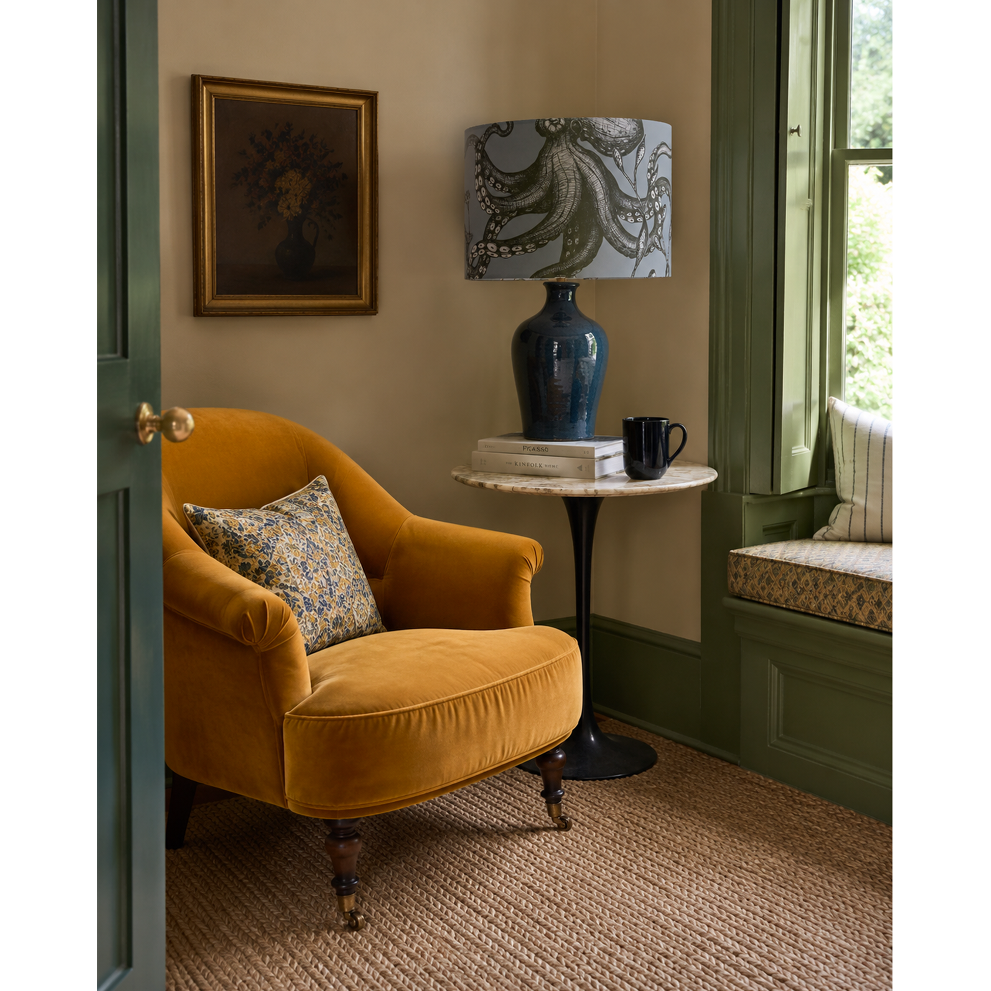 Cozy corner with a yellow armchair, side table, and lamp in a room with green walls.