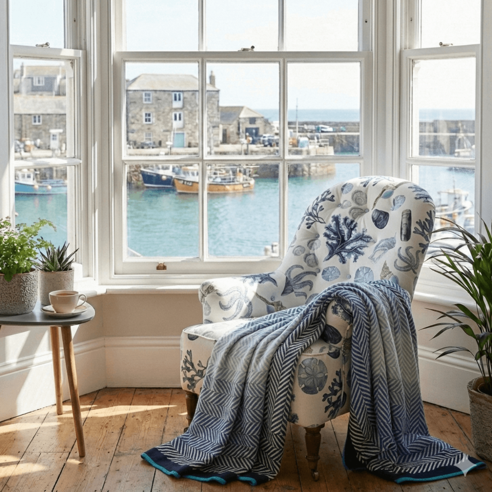 view out over a cornish harbour showing a rockpool fabric upholstered arm chair with a cream cornwall Perranporth throw