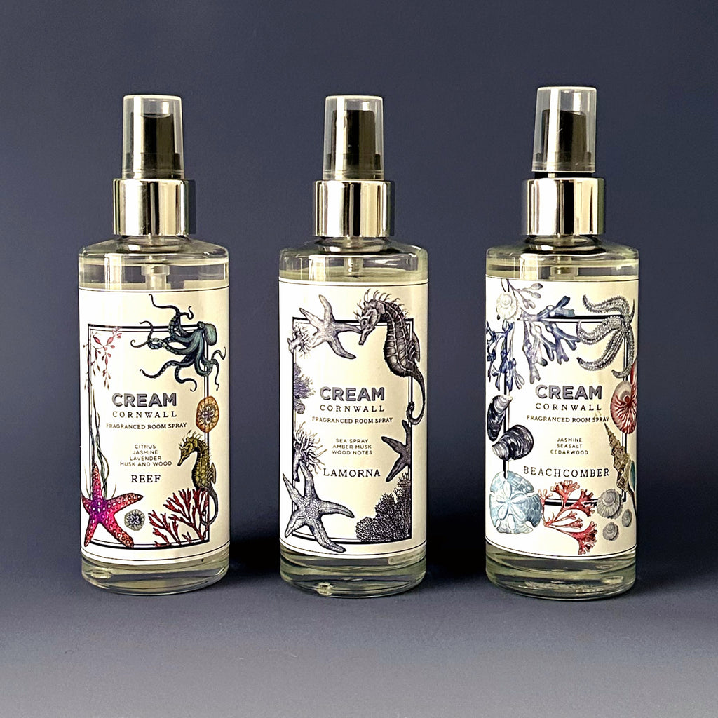 Three Fragrance Room Spray glass bottles with atomiser top,Reef,Lamorna and Beachcomber logos.