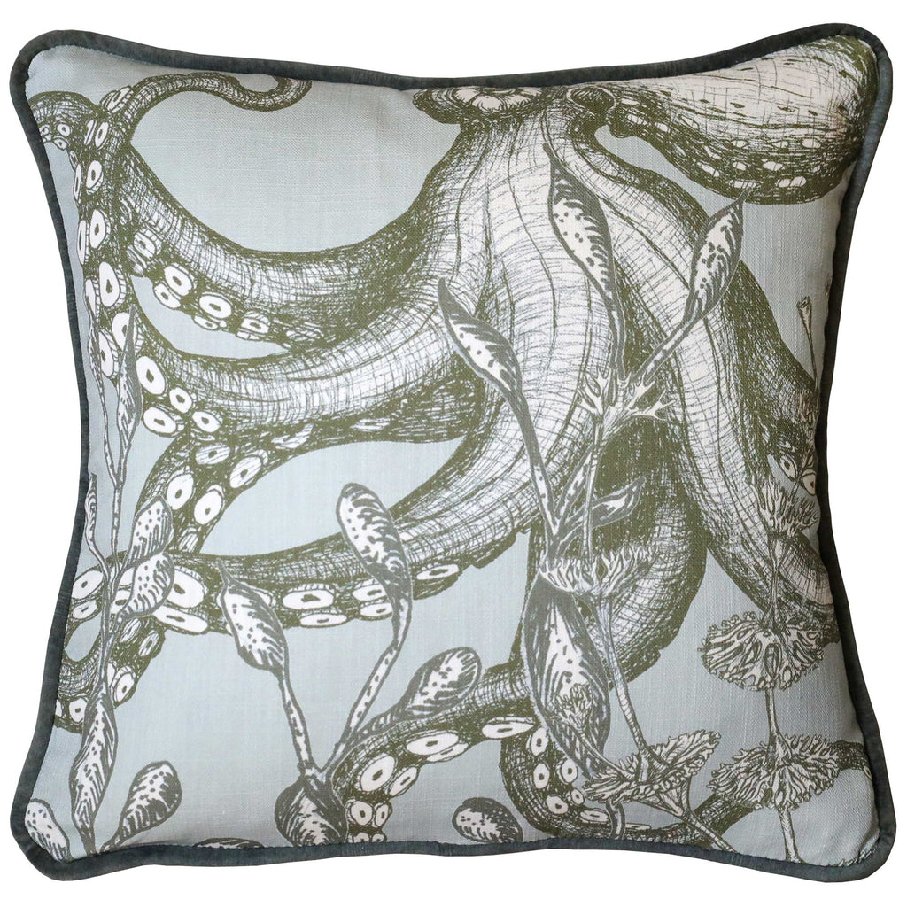 Square decorative throw pillow featuring an octopus tentacle and sea plant pattern in creek green and white on a pale blue-grey background, finished with a dark grey piped edge.