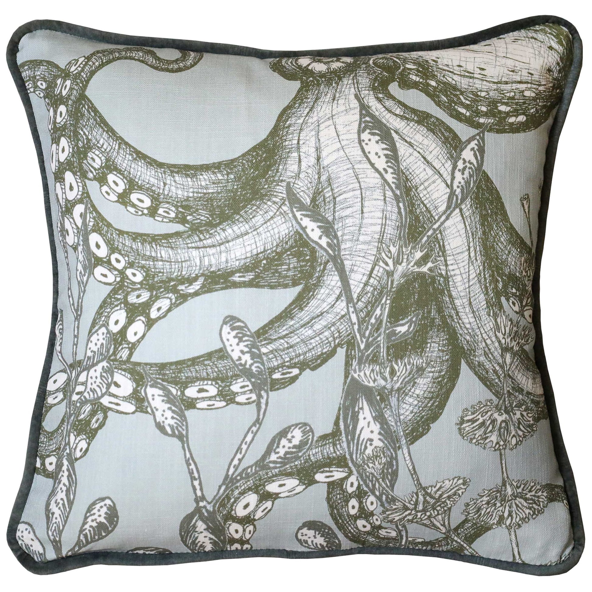 Square decorative throw pillow featuring an octopus tentacle and sea plant pattern in creek green and white on a pale blue-grey background, finished with a dark grey piped edge.