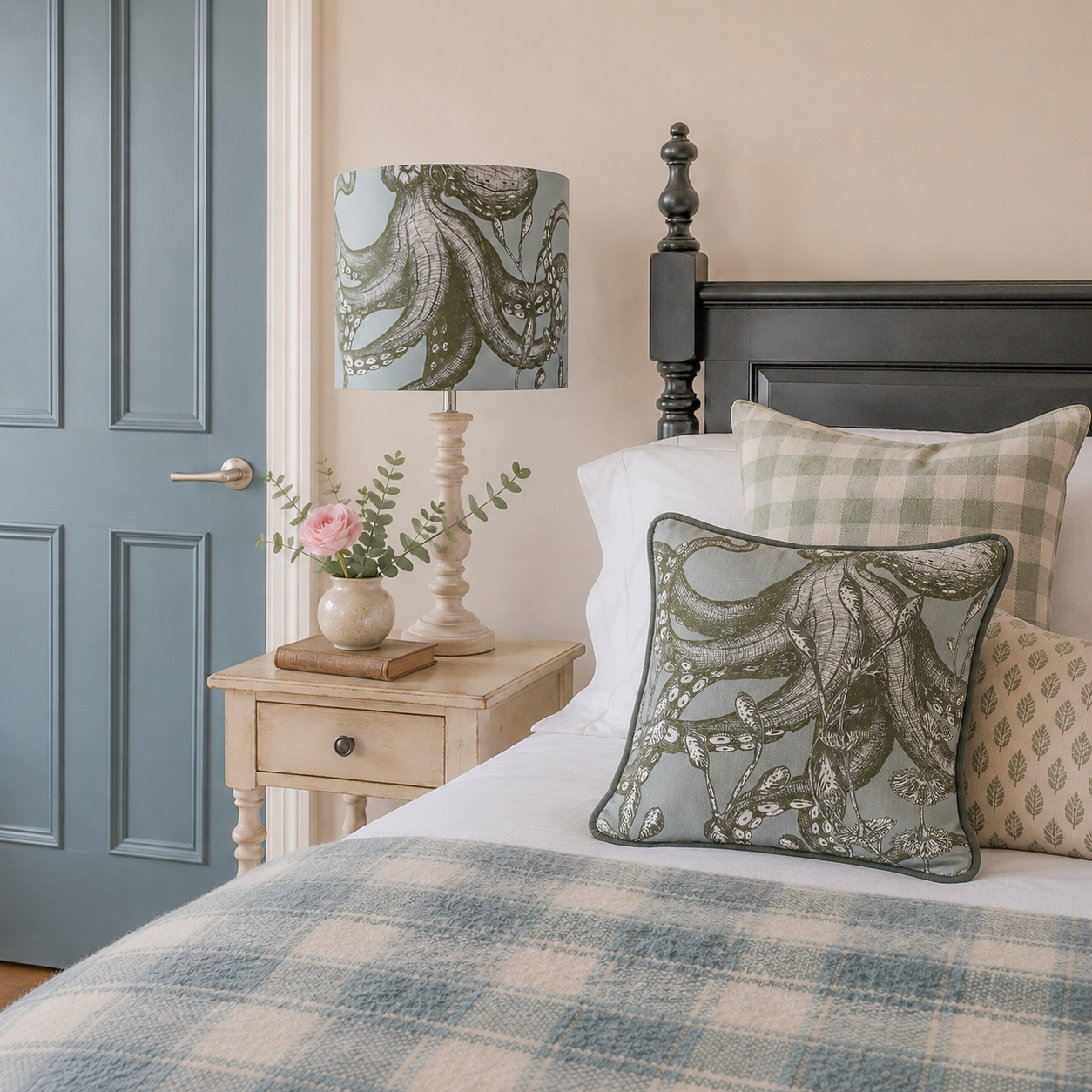 A styled bedroom scene showing a bed with blue and beige plaid bedding, matching pillow shams, and a decorative throw pillow featuring an octopus print. A matching lamp with an octopus-patterned drum shade sits on a light wood bedside table next to a blue paneled door.