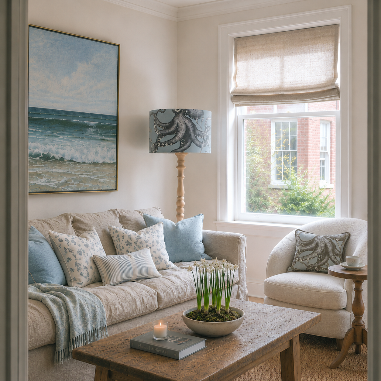 A styled living room interior with a beige sofa, patterned throw pillows, a wooden coffee table, a cream armchair, a patterned floor lamp, and a large framed ocean painting on the wall.