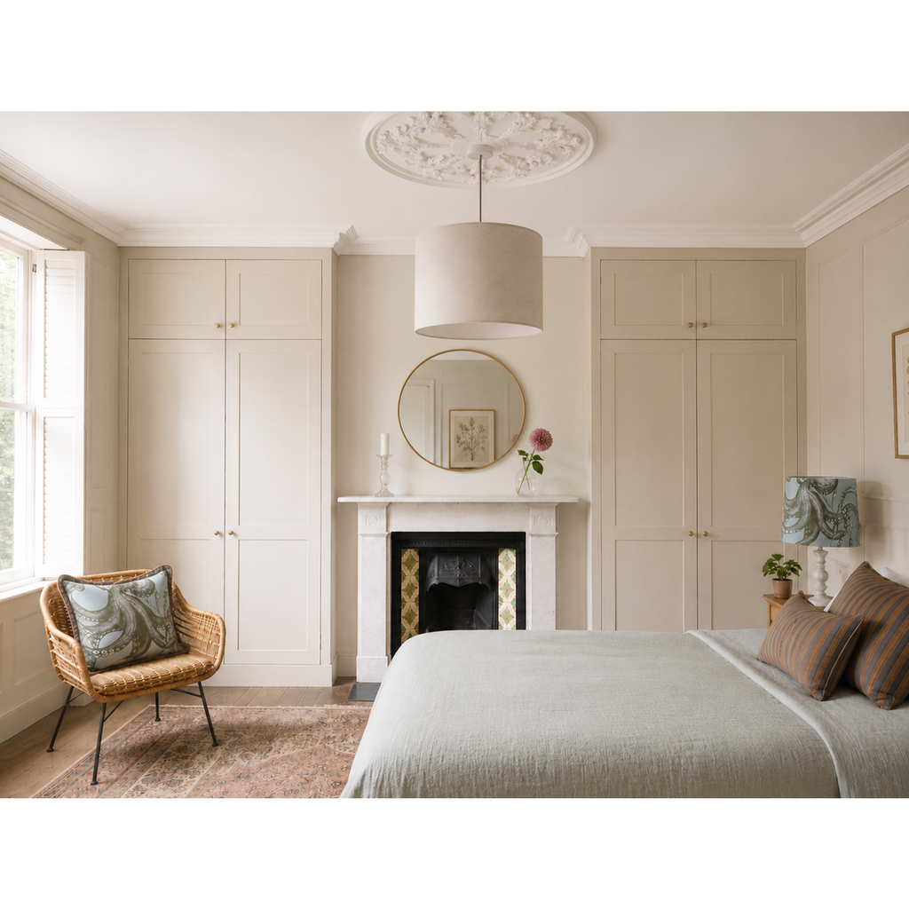 A styled bedroom interior featuring a large bed with neutral bedding, built-in cream cabinetry, a fireplace with a round mirror, a wicker armchair with a patterned pillow, and a hanging drum pendant light.