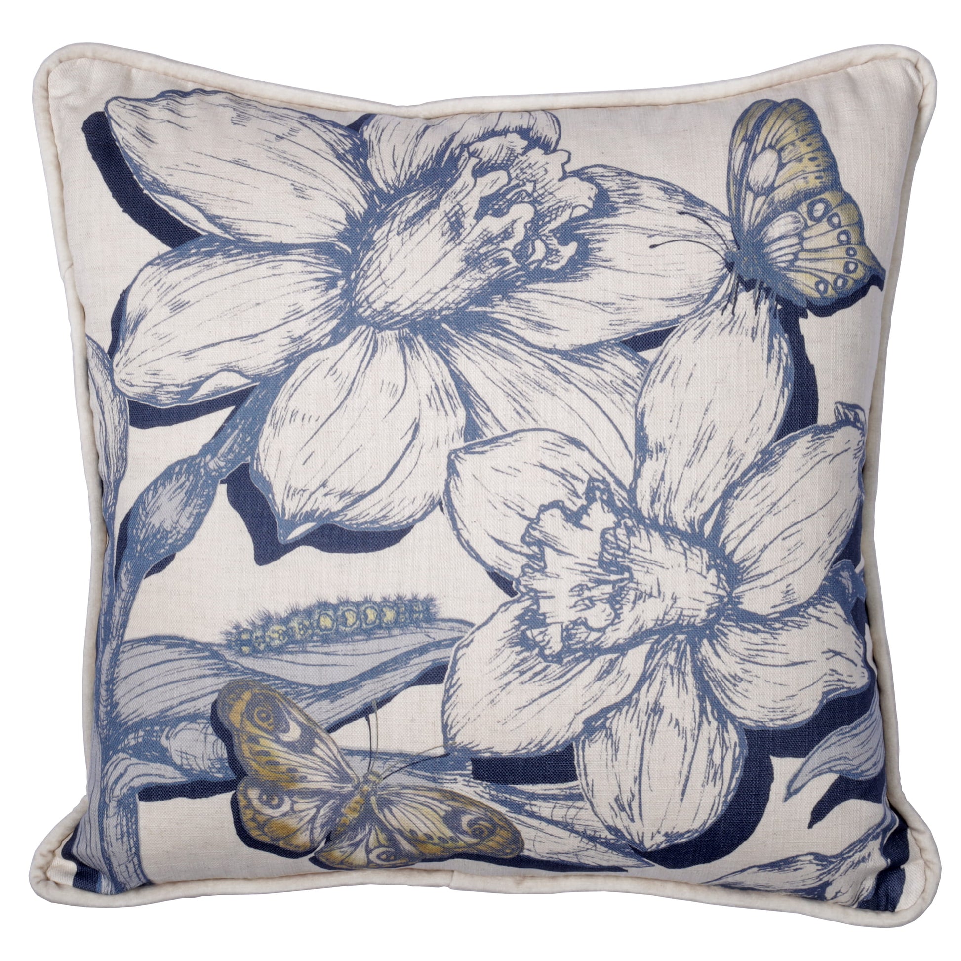 Decorative pillow with blue daffodil floral and butterfly design on a white background