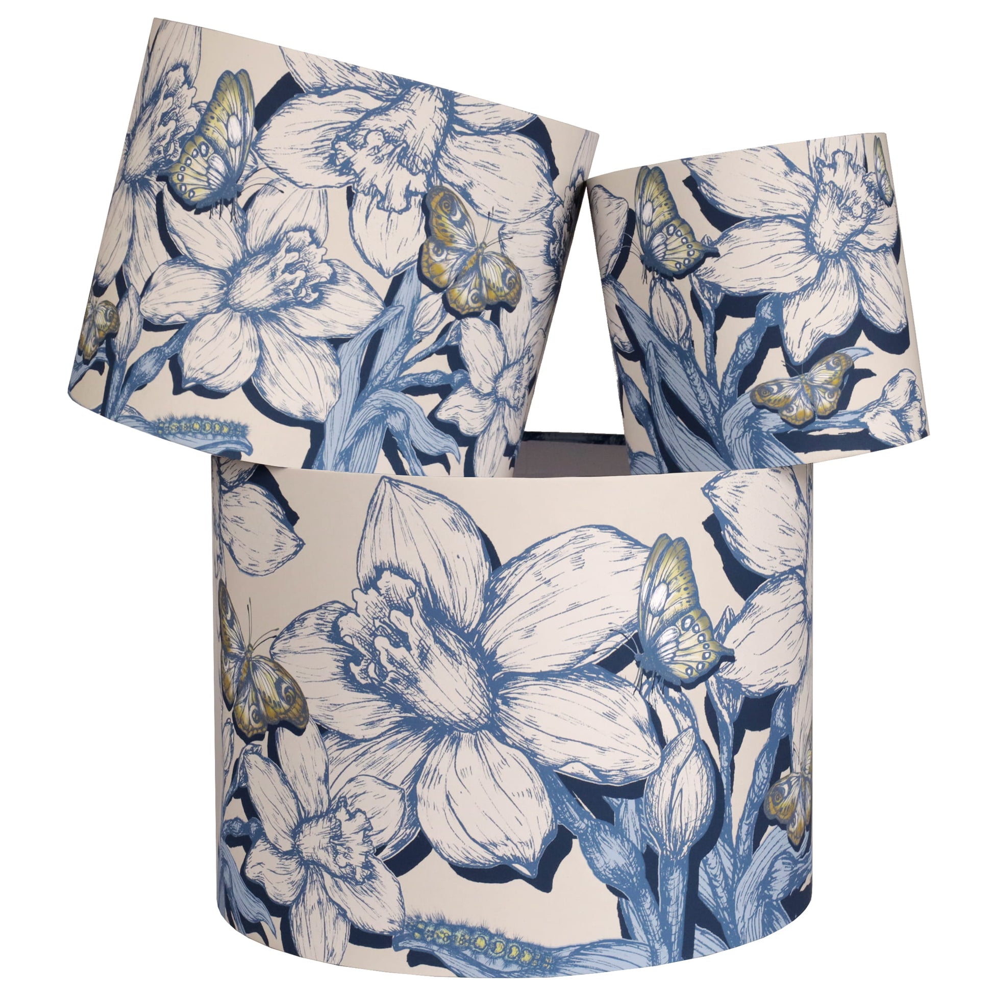 Daffodil and butterfly patterned product on a white background