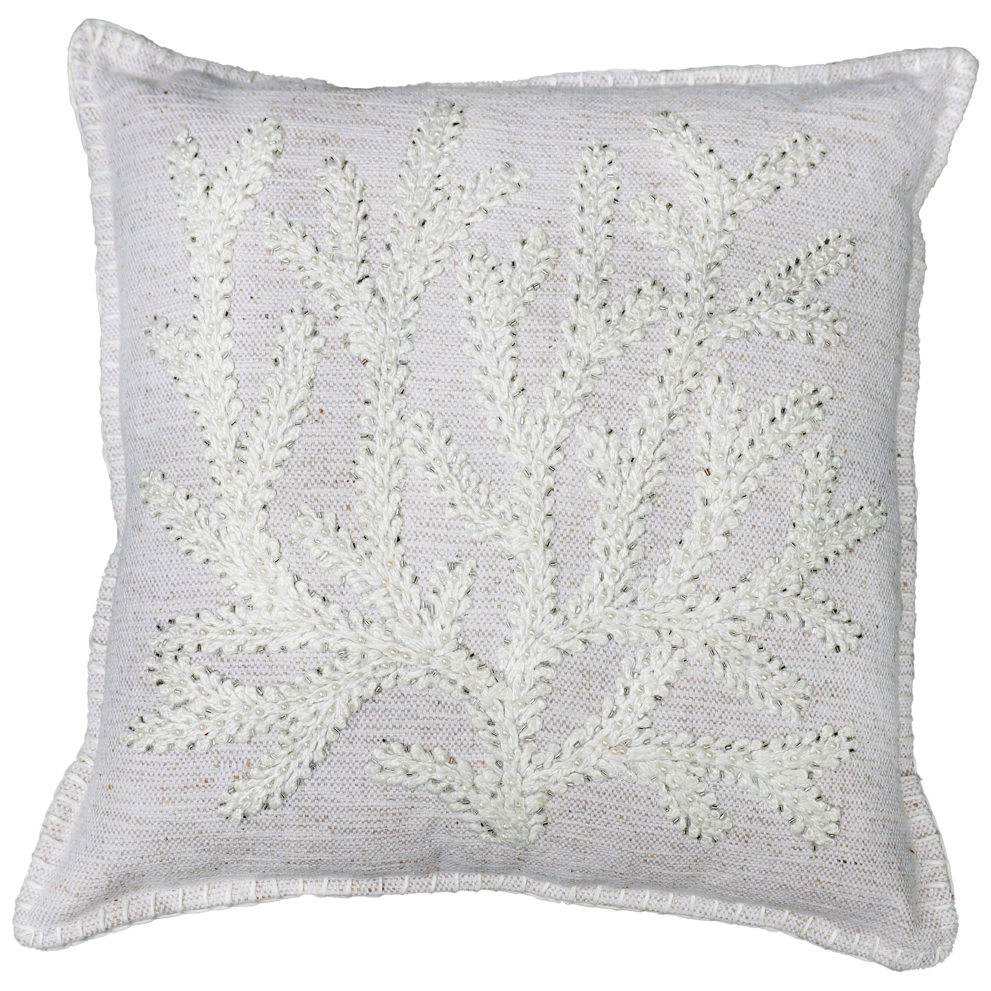 Decorative pillow with white leaf pattern on a light gray background