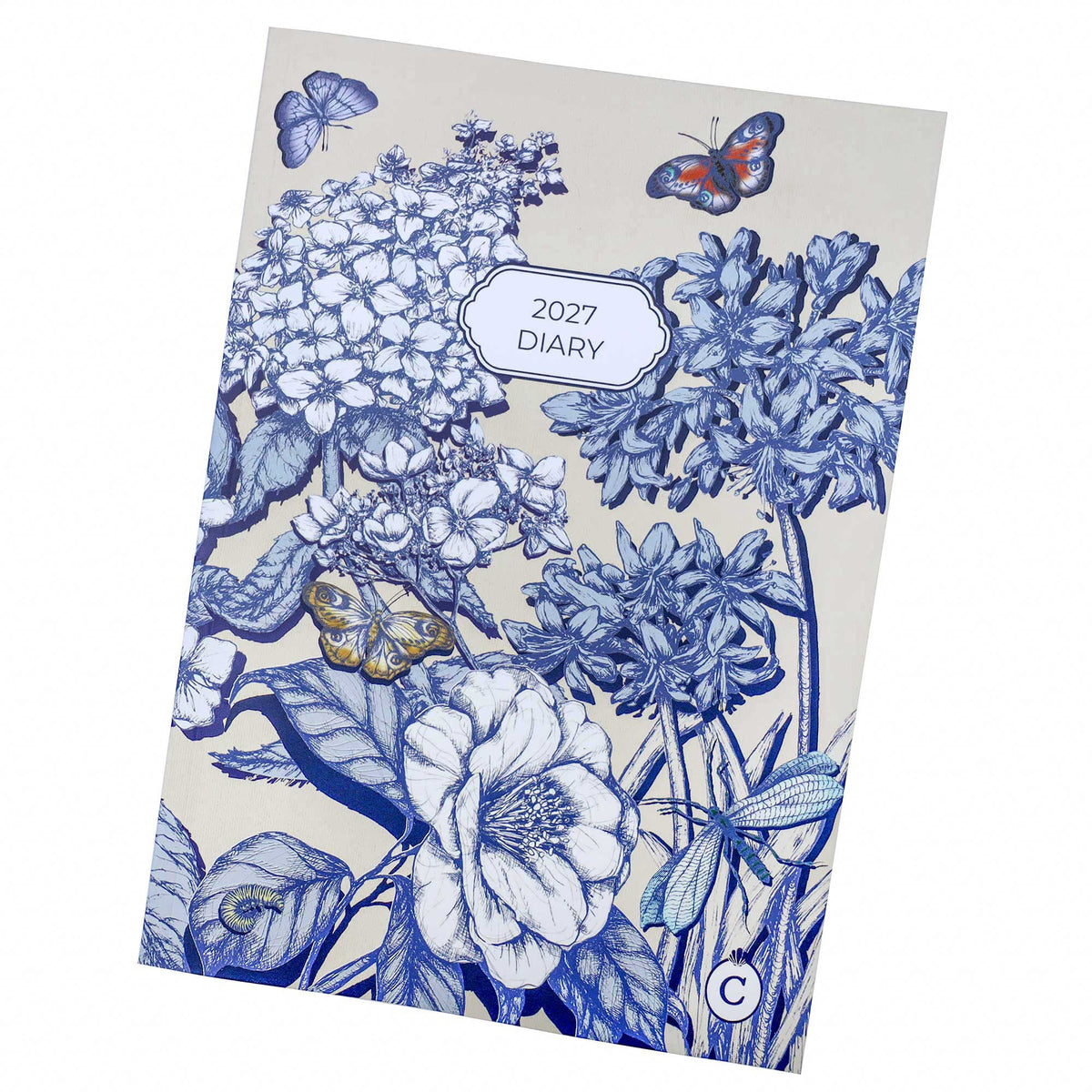 Cream-coloured 2027 diary cover featuring blue and white floral illustrations, including hydrangeas, daffodils, butterflies, dragonflies and bugs.