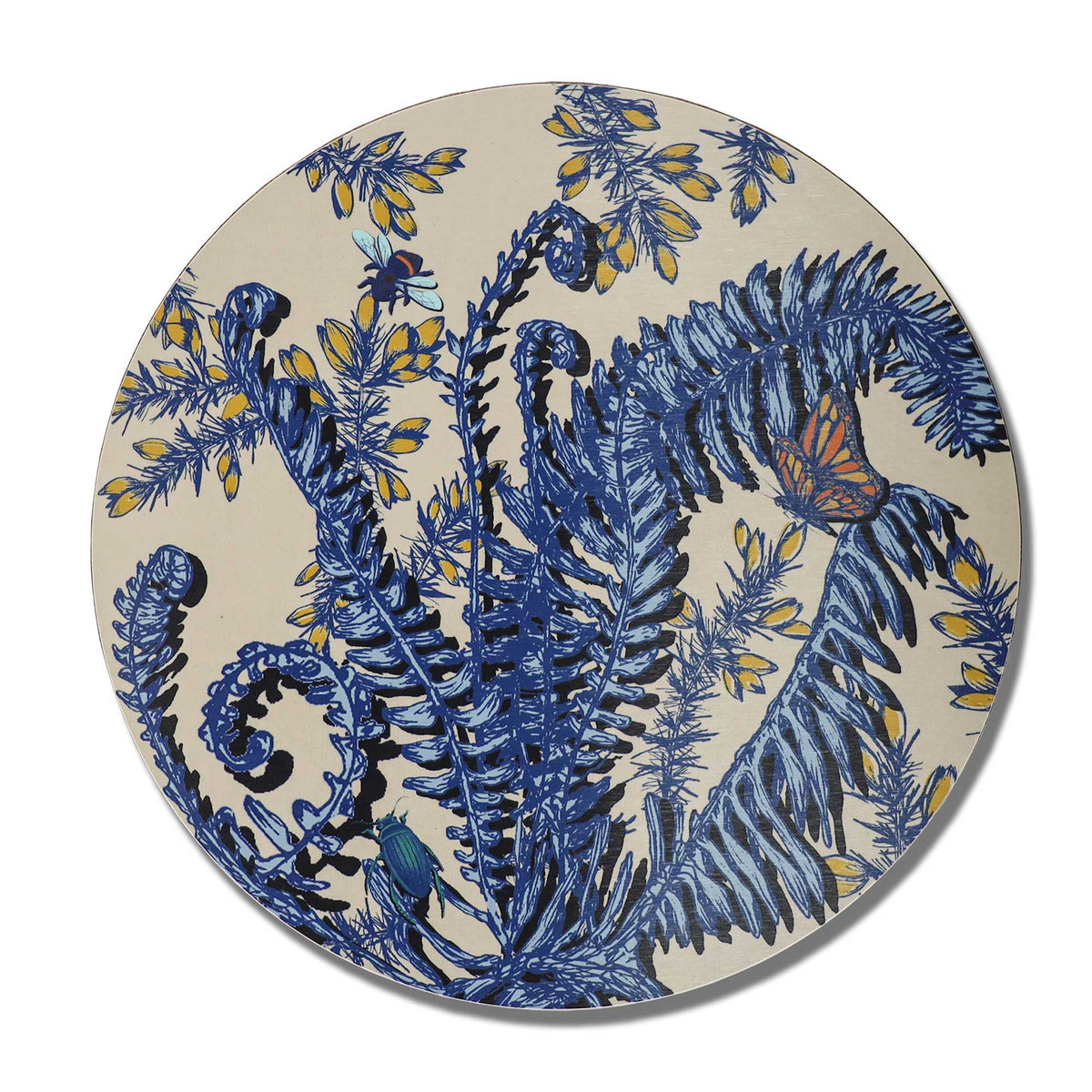 
Round cream placemat featuring intricate botanical illustrations of blue ferns, curled fronds and delicate yellow flowers. The nature-inspired design includes a colourful orange and blue butterfly, a blue and yellow bee with turquoise wings, and a green beetle nestled among the foliage. Photographed against a clean white background.