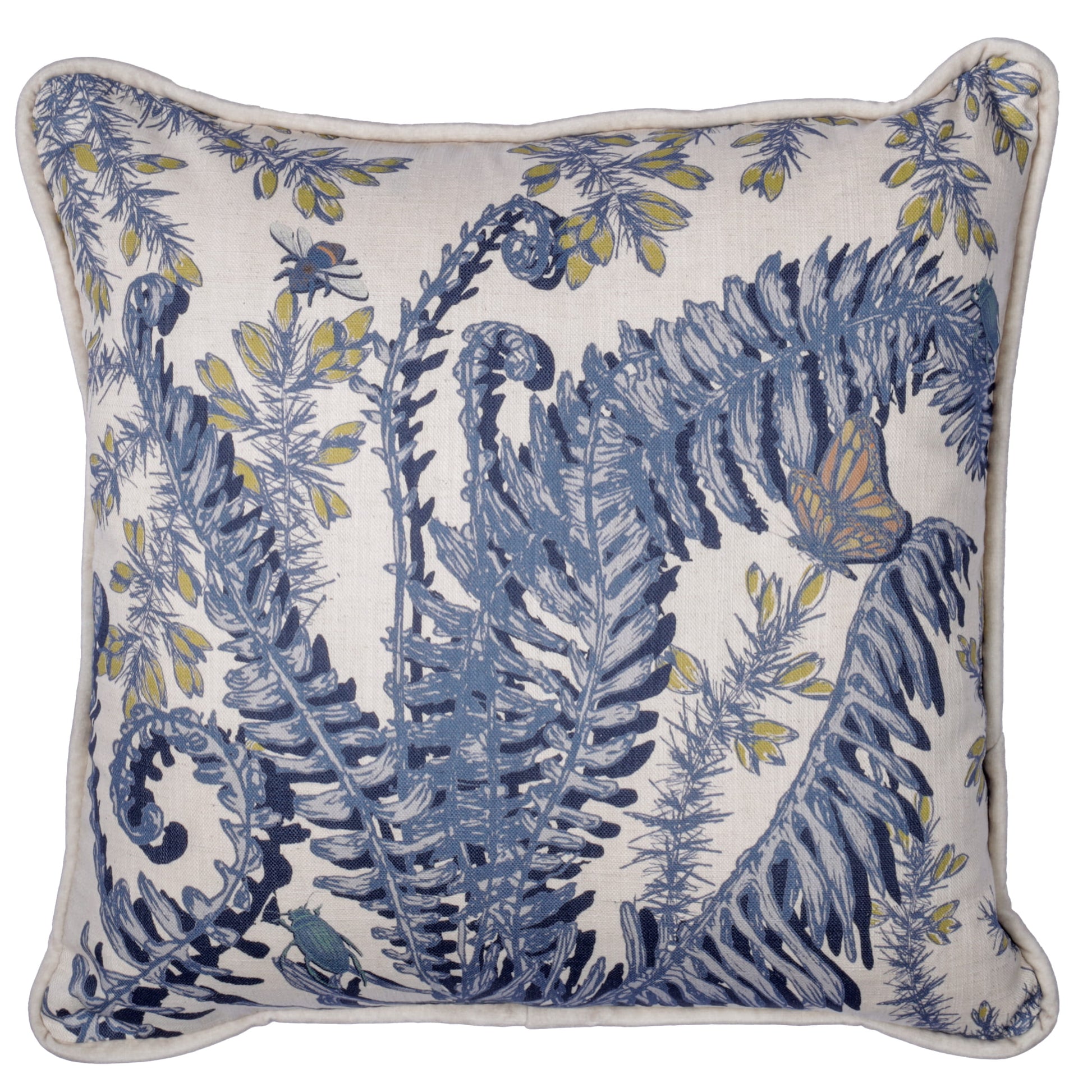 Decorative pillow with blue and green fern & gorse pattern on a white background