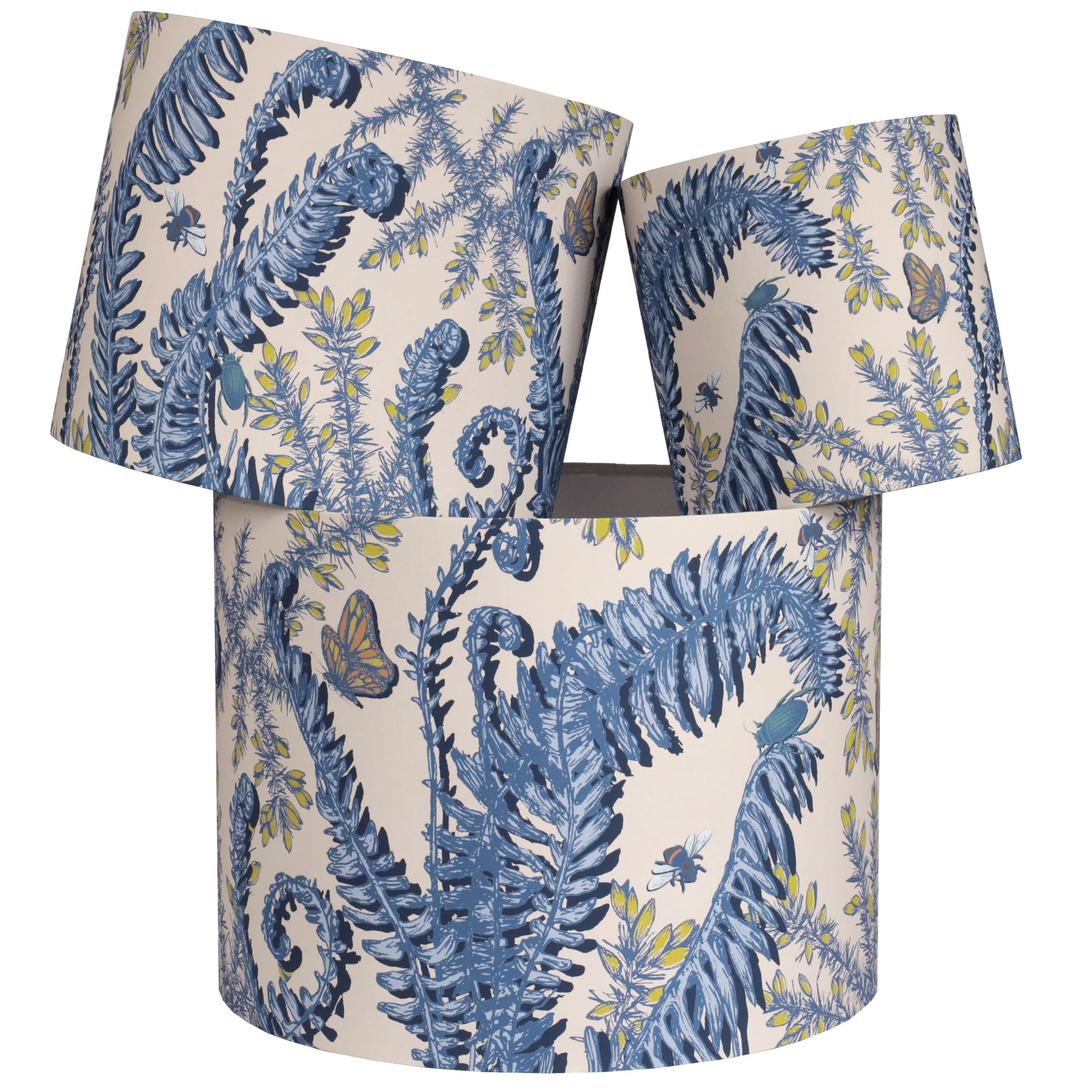 3 sizes of lampshades with blue fern & gorse design on a white background