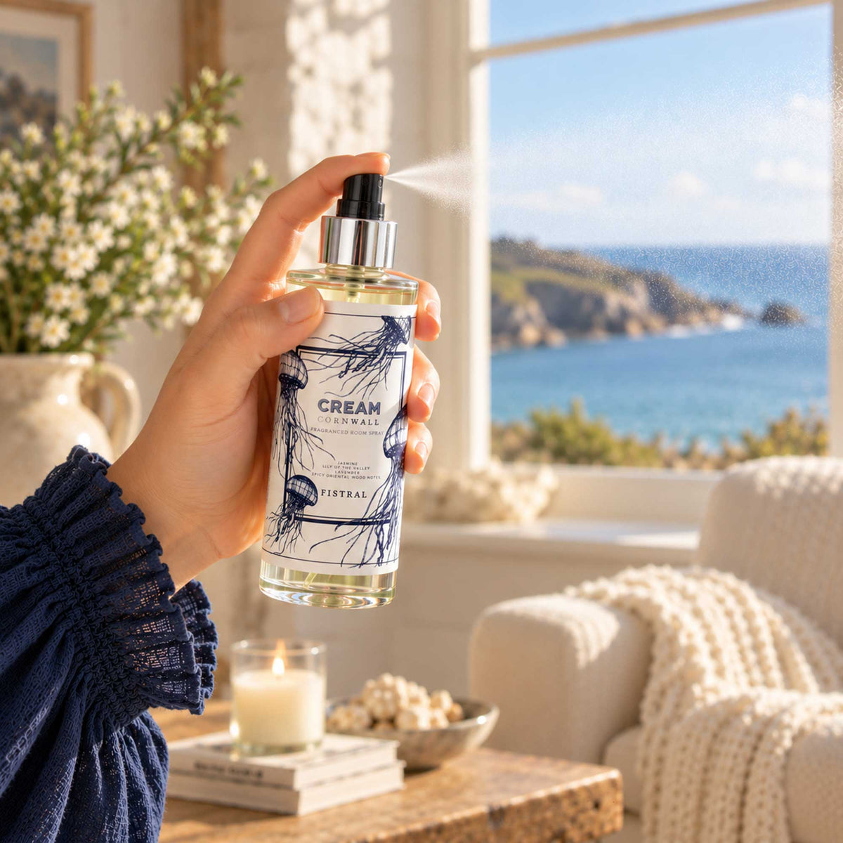 Hand spraying Cream Cornwall Fistral fragranced room spray in a sunlit coastal living room, with a lit candle, soft furnishings and a beautiful sea view through the window.