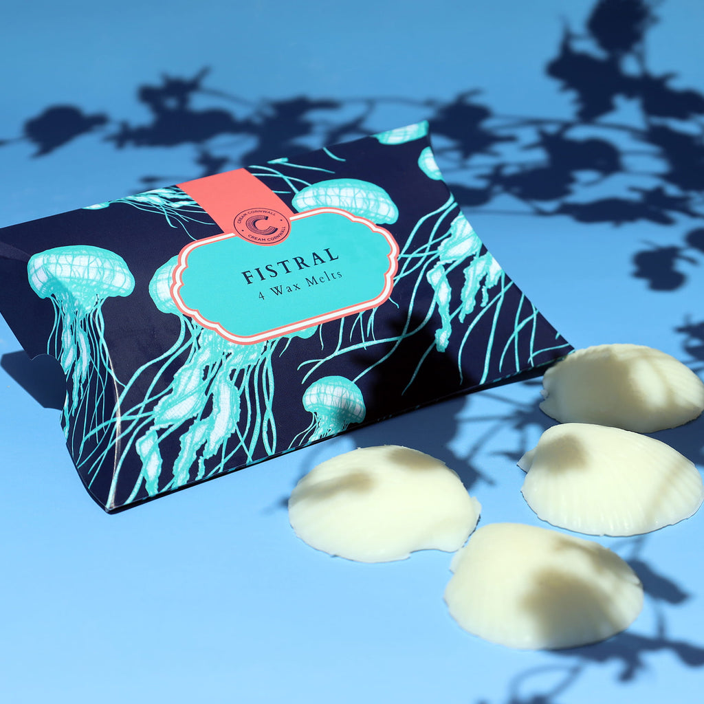 Fistral wax melts packaging with jellyfish design on a blue background