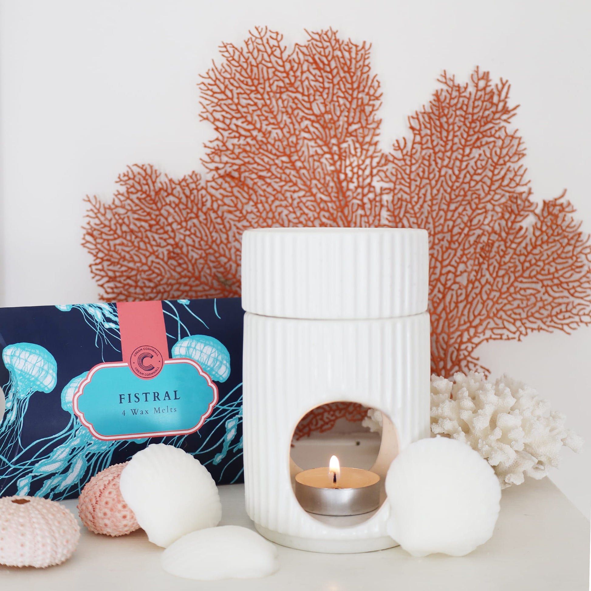 White textured candle holder with a lit candle, surrounded by decorative coral and sea-themed packaging.