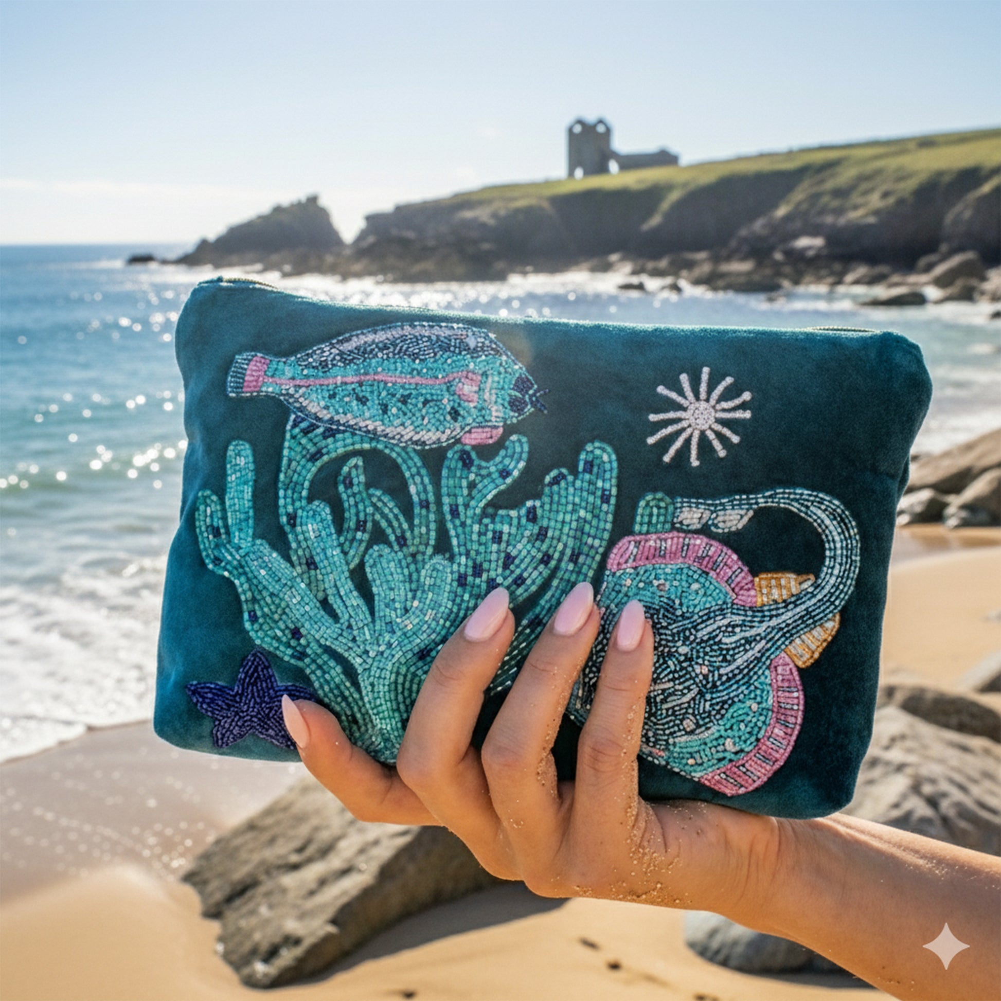 Hand holding a teal pouch with underwater-themed embroidery on a beach.