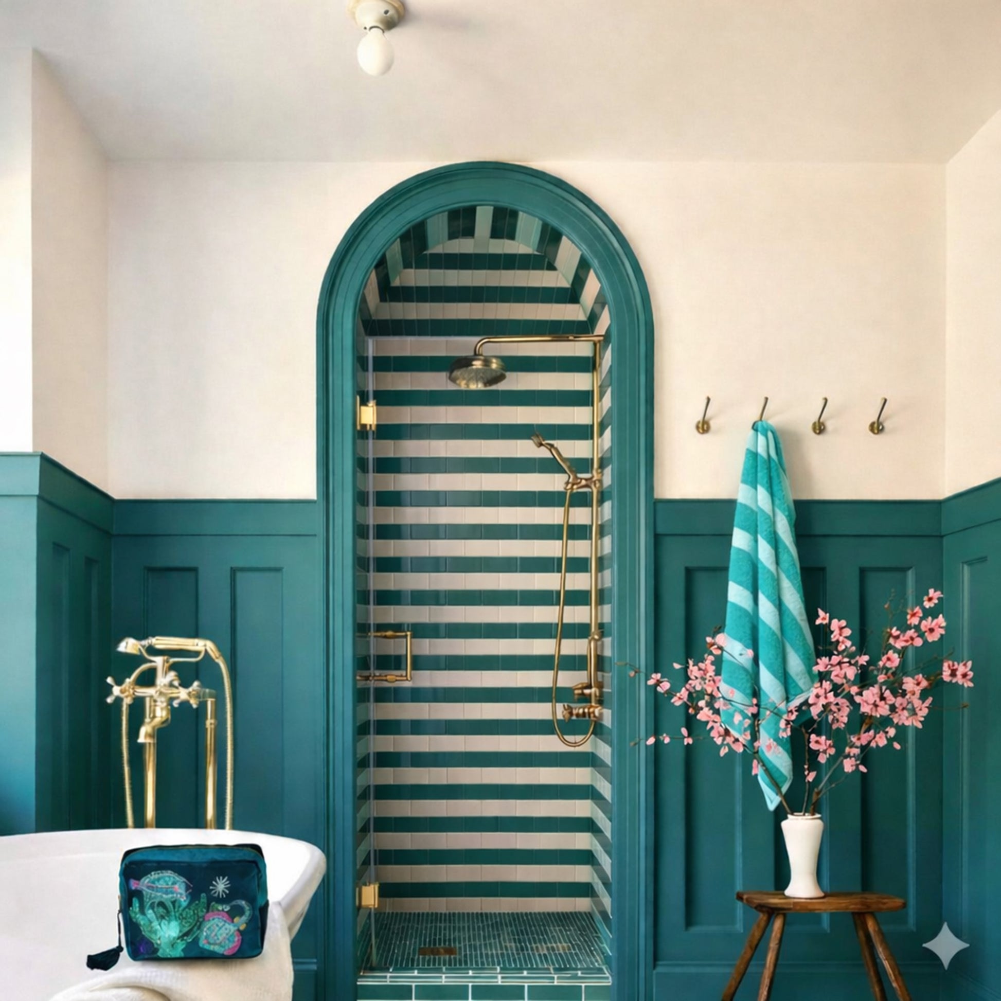 Bathroom with teal walls, striped shower area, and decorative elements.