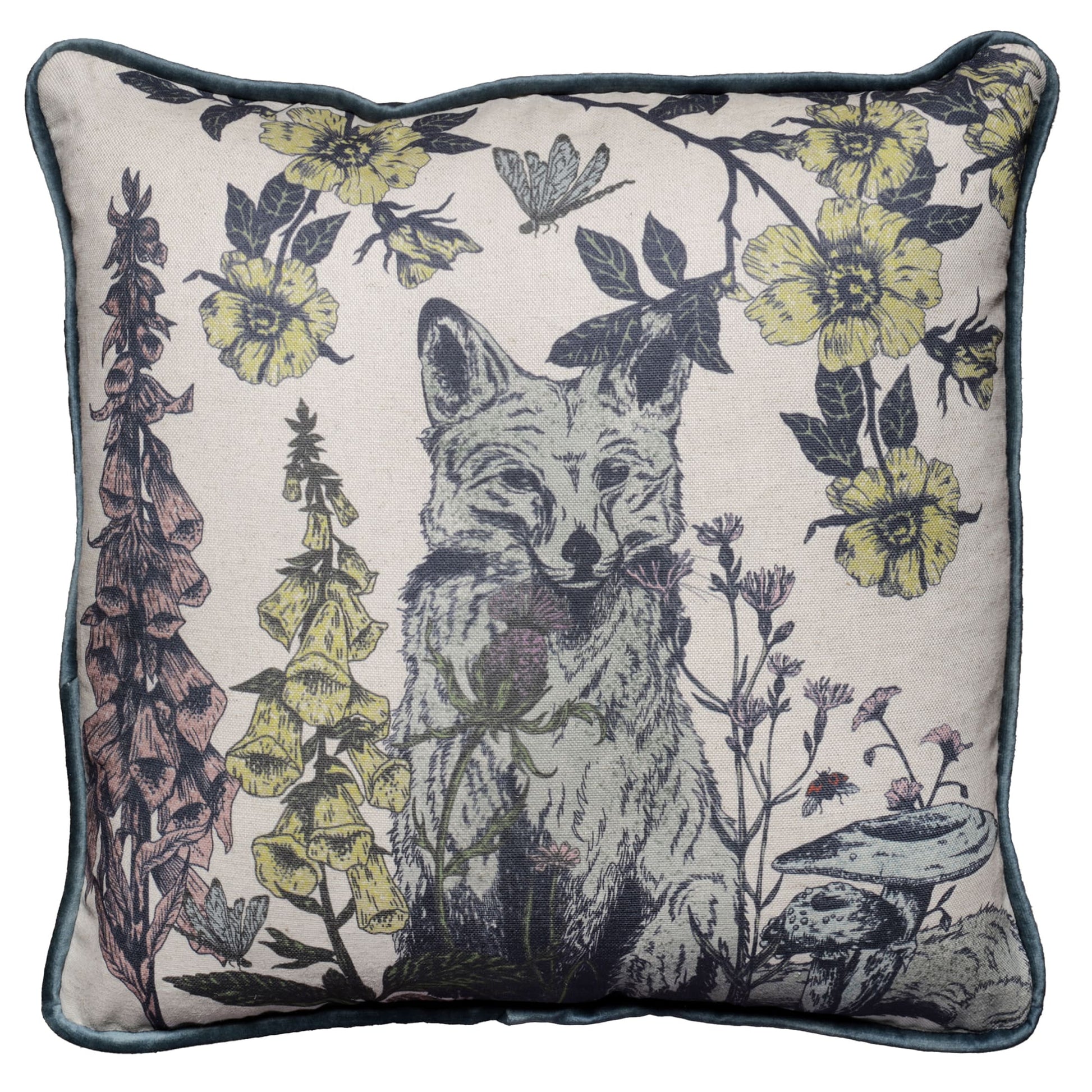 Square cushion featuring a detailed illustration of a fox surrounded by wildflowers, including foxgloves and yellow blossoms, along with mushrooms, a butterfly, and a bee. The design is set on a natural linen-coloured background with soft blue velvet piping around the edges.