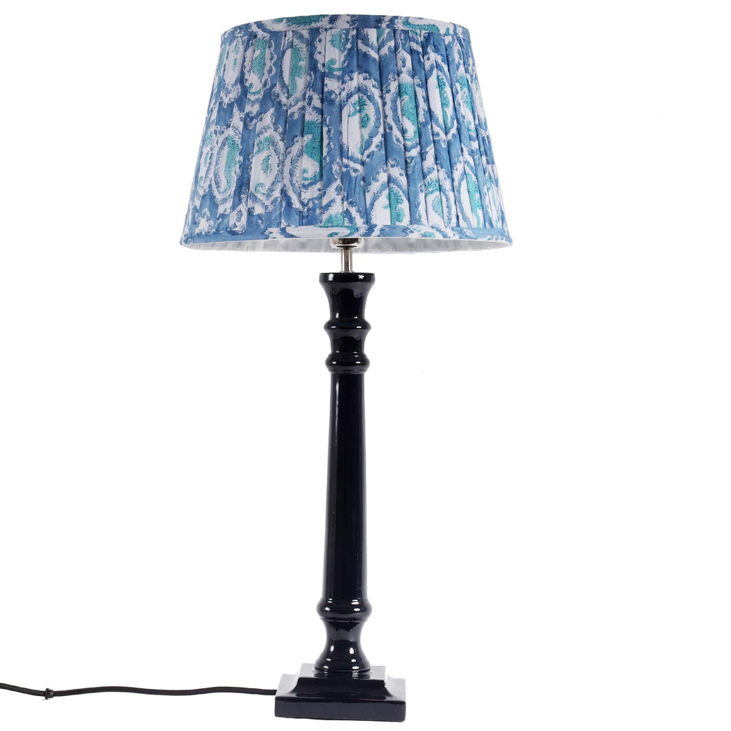 Navy Lacquer Finished lampbase,tall lampbase with black cord,silver top and black fixing.On top is a pleated lampshade