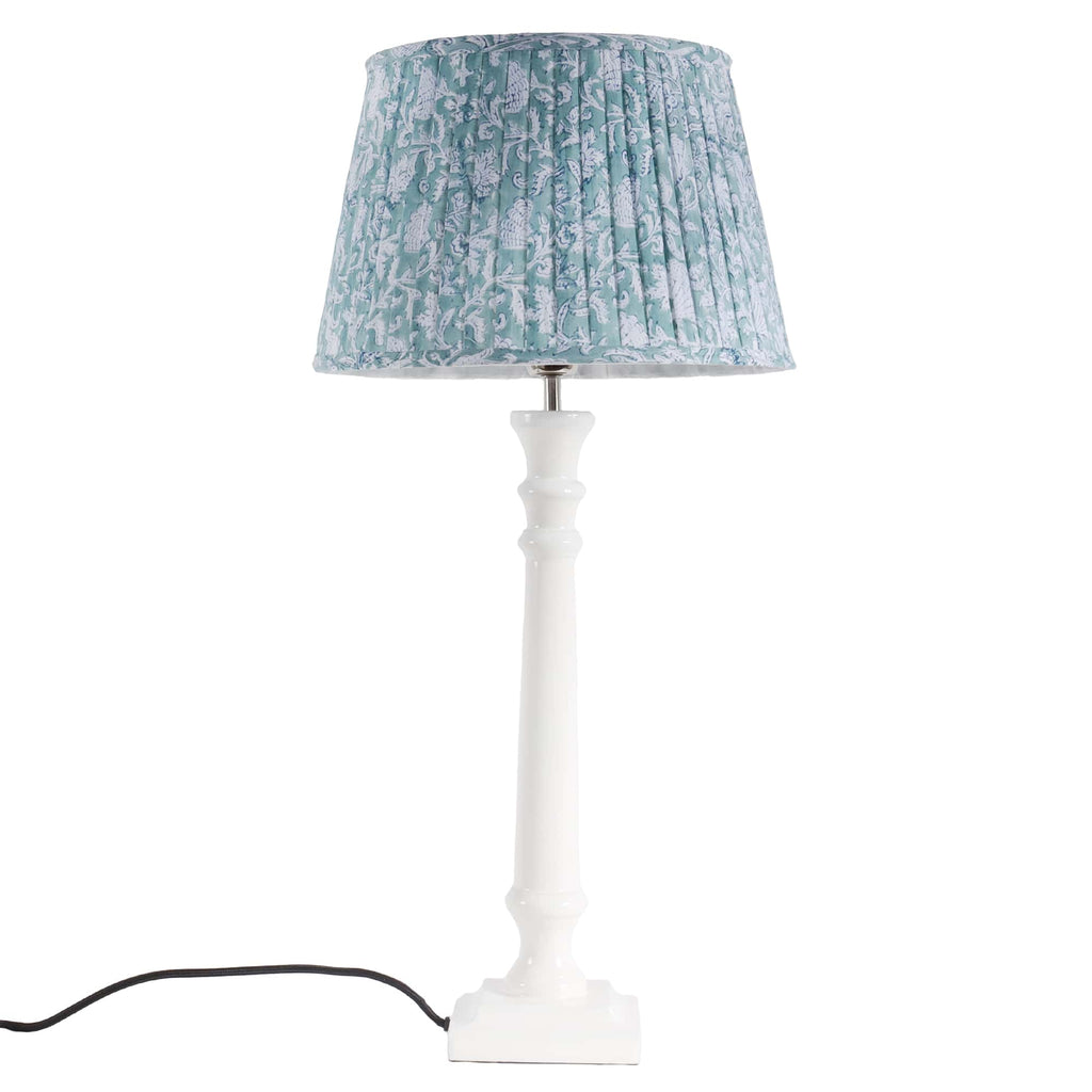 White Lacquer Finished lampbase,tall lampbase with black cord,silver top and black fixing.On top is a pleated lampshade