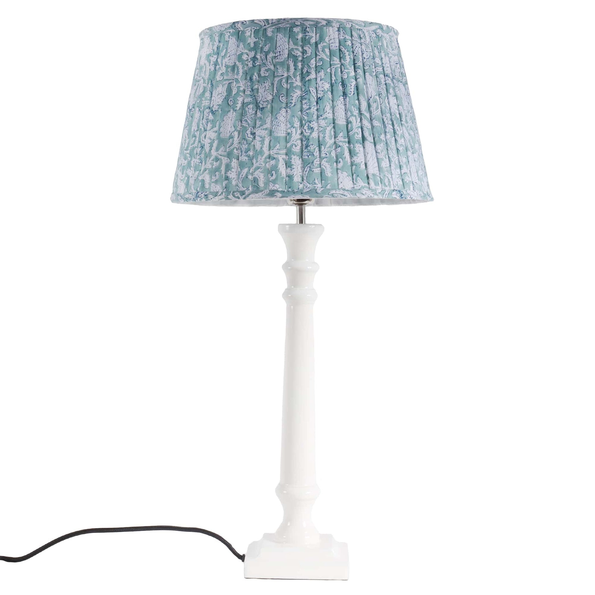 White Lacquer Finished lampbase,tall lampbase with black cord,silver top and black fixing.On top is a pleated lampshade