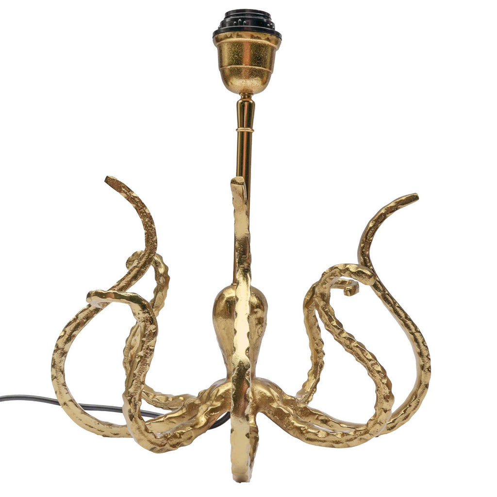A gold-finished octopus-shaped lamp base with textured tentacles and a black light socket at the top, shown against a plain white background.