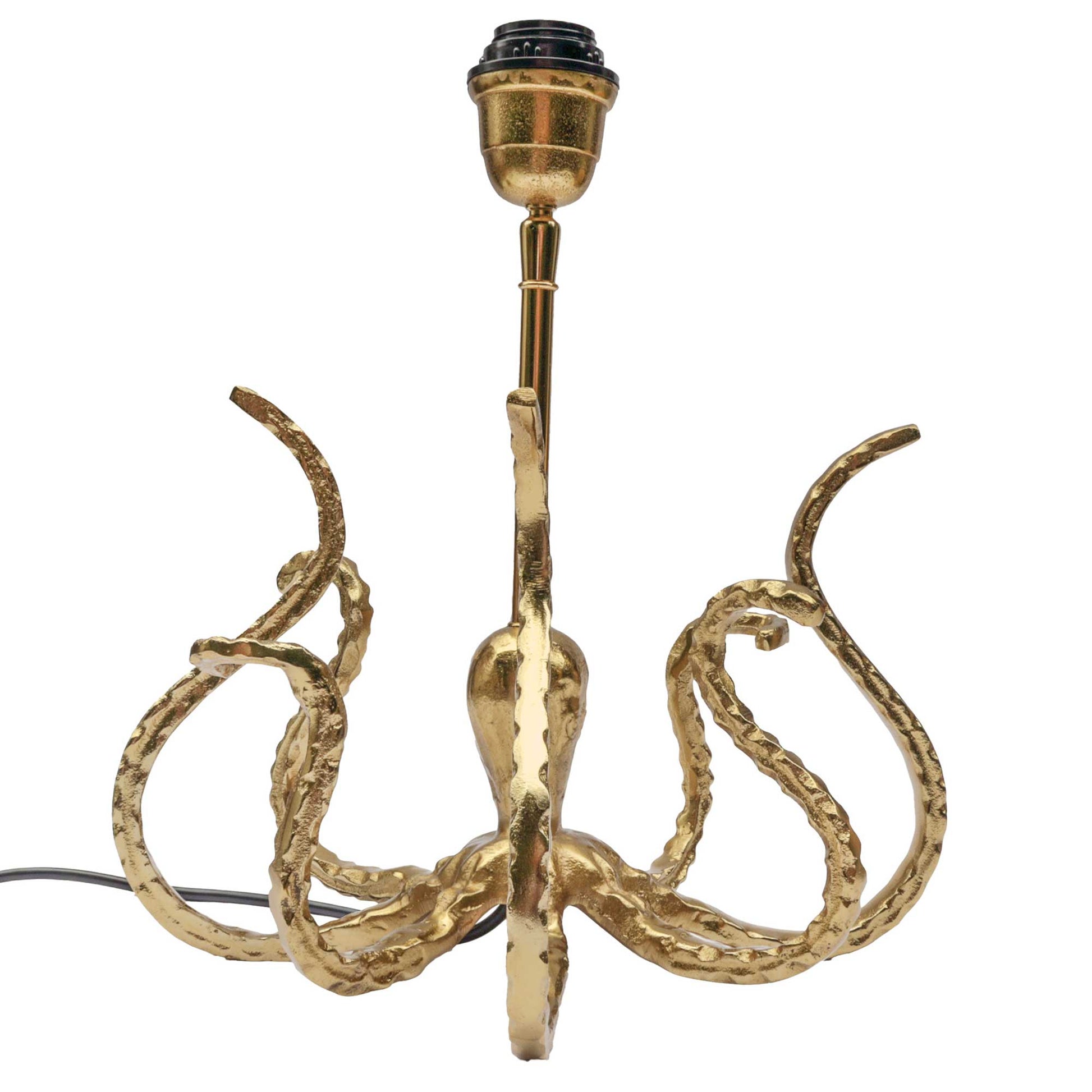A gold-finished octopus-shaped lamp base with textured tentacles and a black light socket at the top, shown against a plain white background.