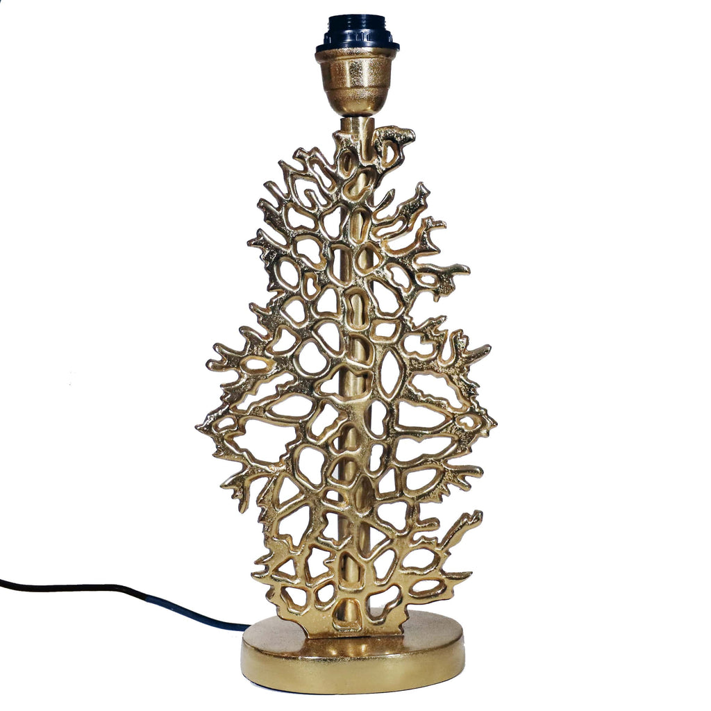 A gold coral-shaped lamp base featuring an intricate openwork design inspired by branching coral, mounted on a round base with a black lamp fitting and visible black cord.