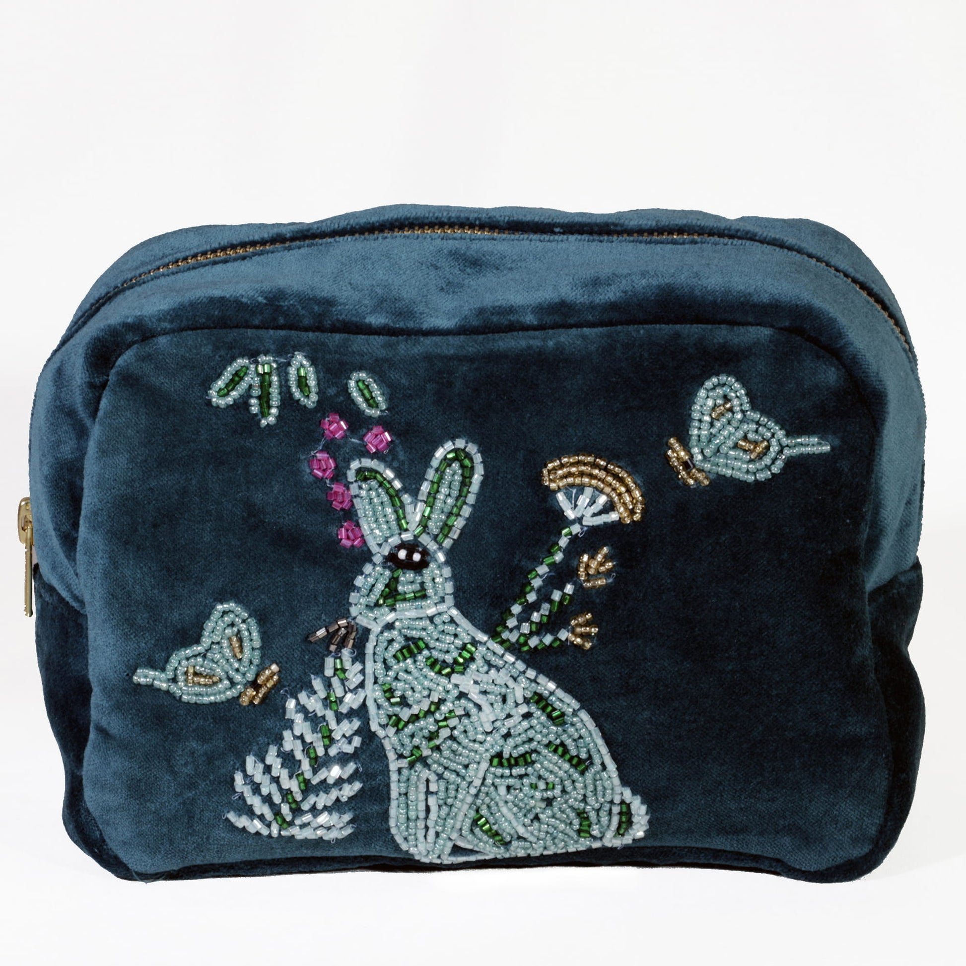 Teal pouch with beaded design of a hare and flowers on a white background