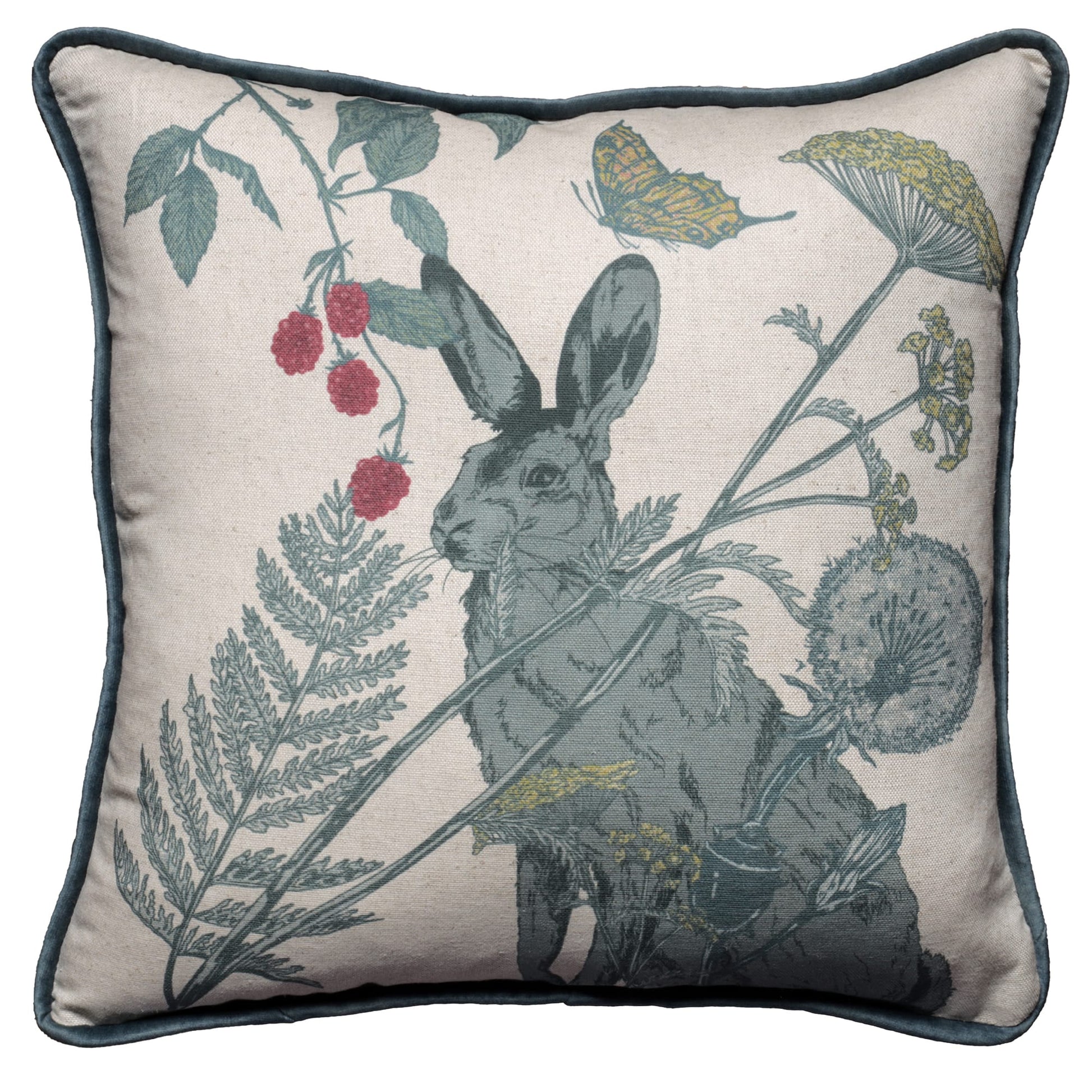 Square cushion featuring a detailed illustration of a hare surrounded by wildflowers, ferns, dandelions, and red berries. The design includes a butterfly in flight on a natural linen-coloured background, with soft blue velvet piping around the edges for a refined finish.