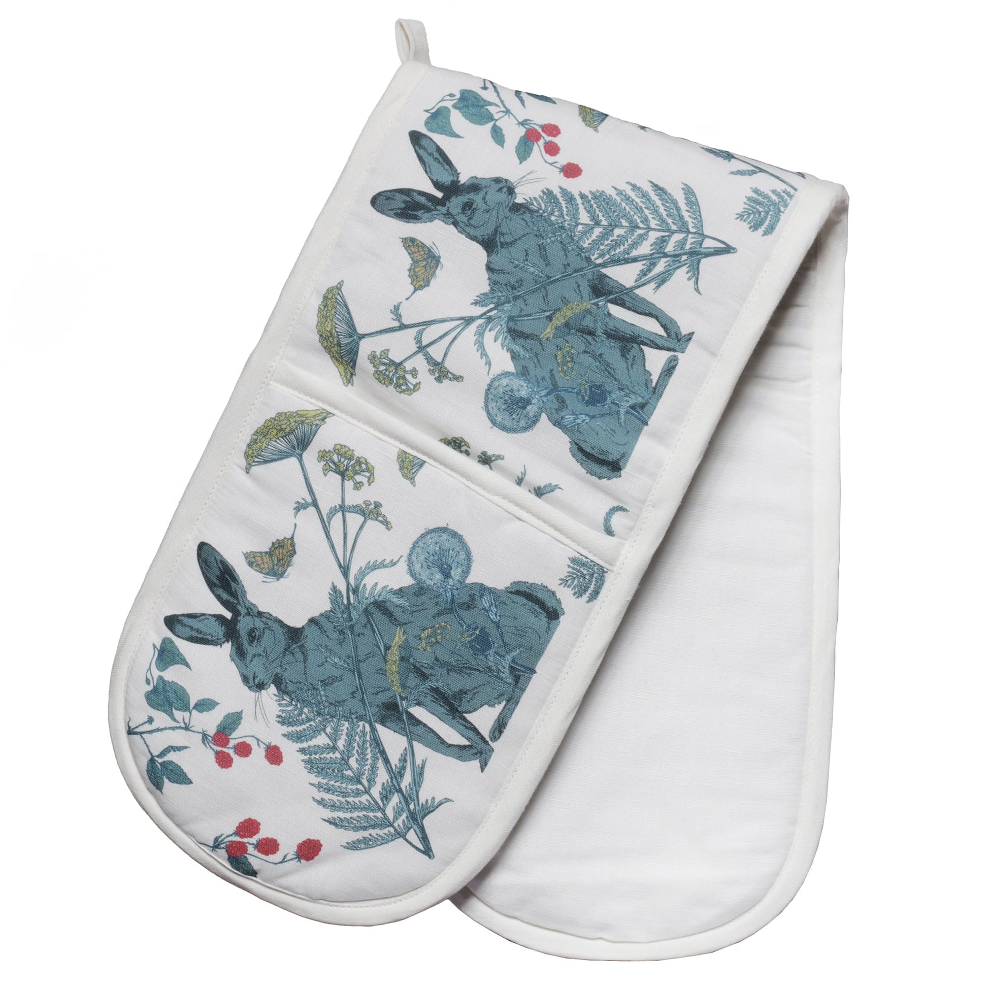 Double oven gloves featuring a countryside-inspired print of a hare surrounded by wildflowers, ferns, dandelions, and raspberry vines. The design is in shades of green, red, and yellow on a white background with white trim, adding a rustic and nature-themed touch to the kitchen.