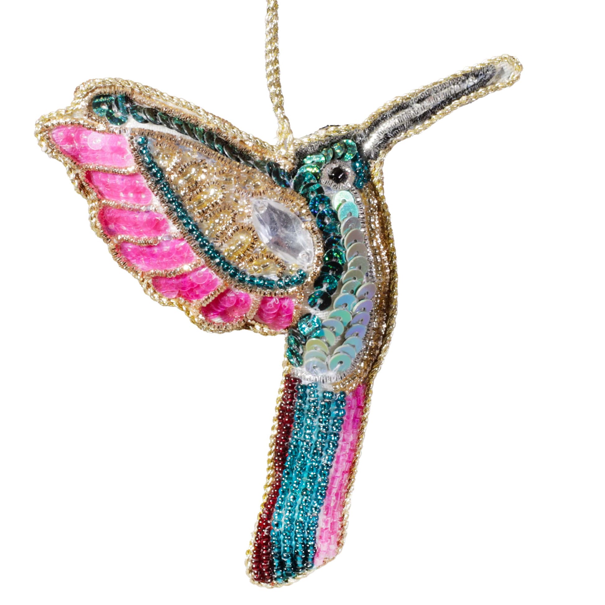 A colourful beaded hummingbird decoration with pink, turquoise, and gold sequins, silver detailing, and a crystal accent on its wing, hanging by a gold thread.