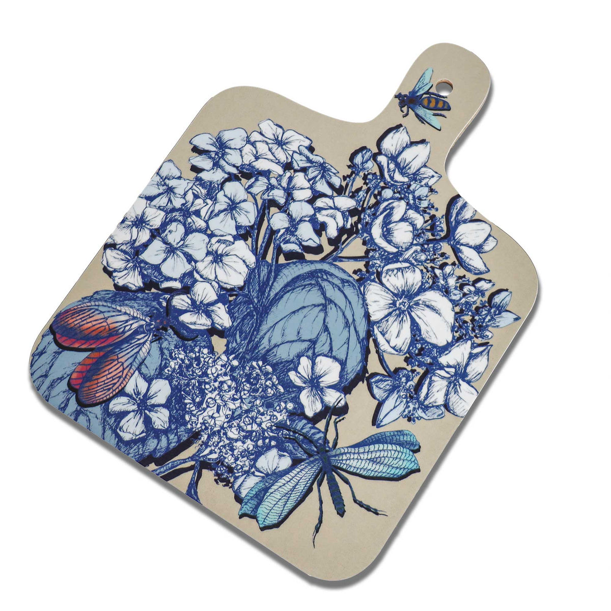 Cream Cornwall hydrangea chopping board featuring intricate blue and white botanical illustrations, colourful dragonflies and a bee on a soft cream background, with rounded corners and a handle with a hanging hole.
