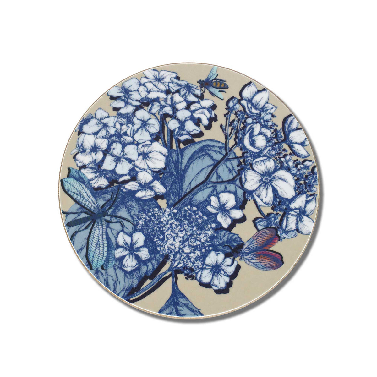 
Cream Cornwall round hydrangea placemat featuring intricate blue and white botanical illustrations, delicate hydrangea blooms, a turquoise dragonfly, colourful butterfly and bee on a soft cream background, photographed against a clean white backdrop.
